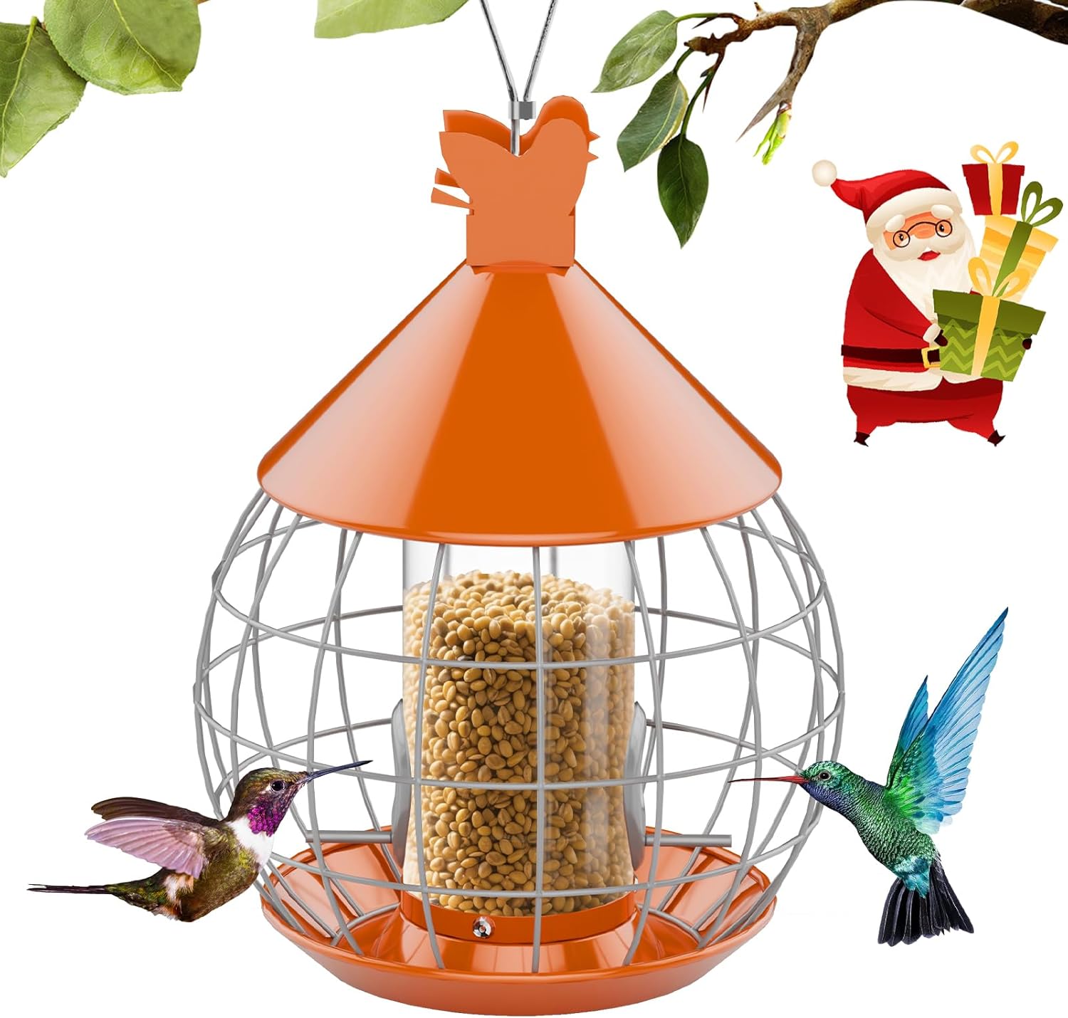 Bird Feeder for Outdoor, Squirrel Proof Bird Feeder for Outdoors Hanging, Weatherproof, Easy to Clean & Refill, Large Capacity Metal Seed Feeder for Finch, Blue Jay, Hummingbird, Orange