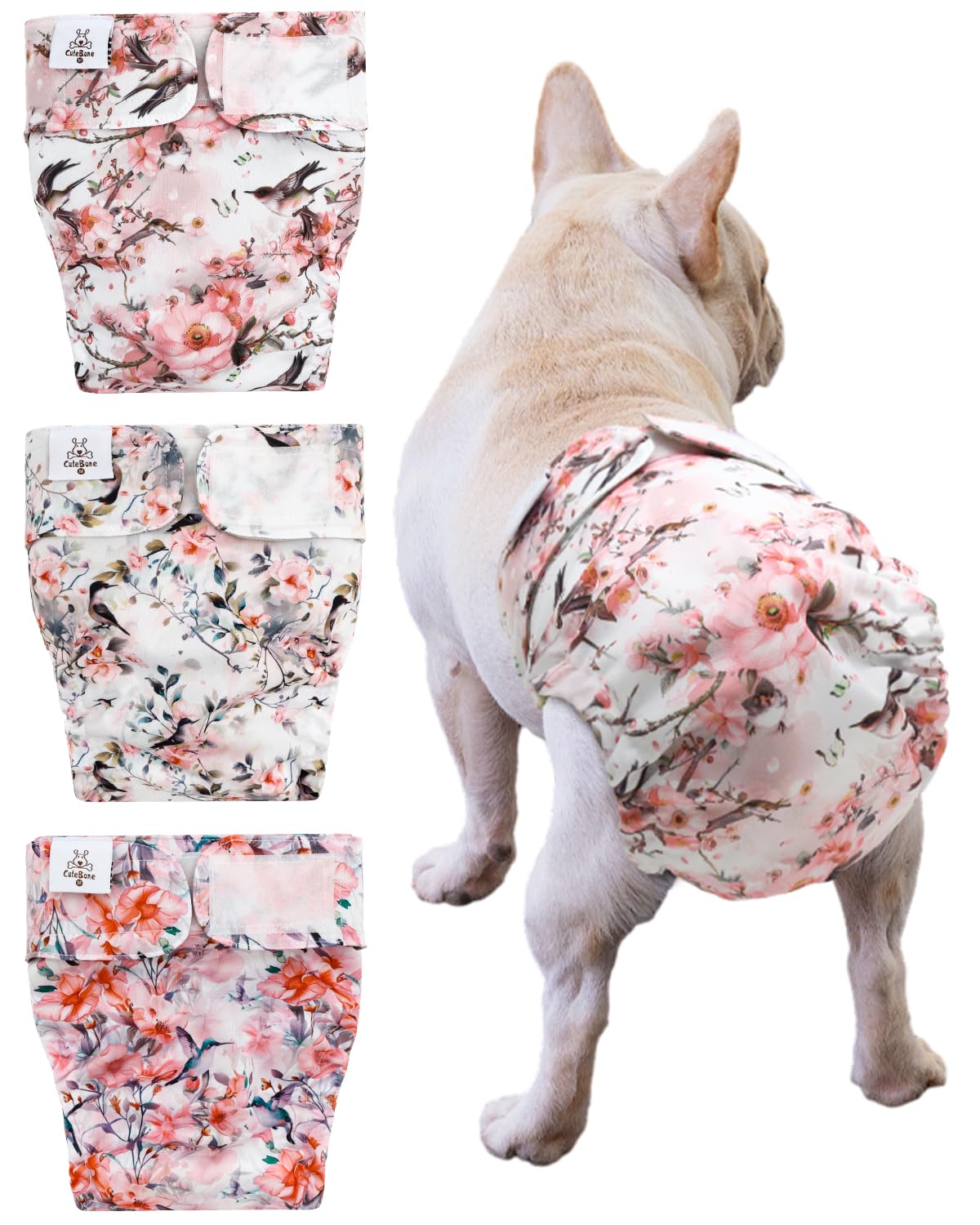 CuteBone Washable Dog Diapers Female No Tail Hole 3 Pack Reusable Doggie Period Training Pants for Docked-Tail Frenchie French Bulldog Boston Terrier Without Tail WWD30XL