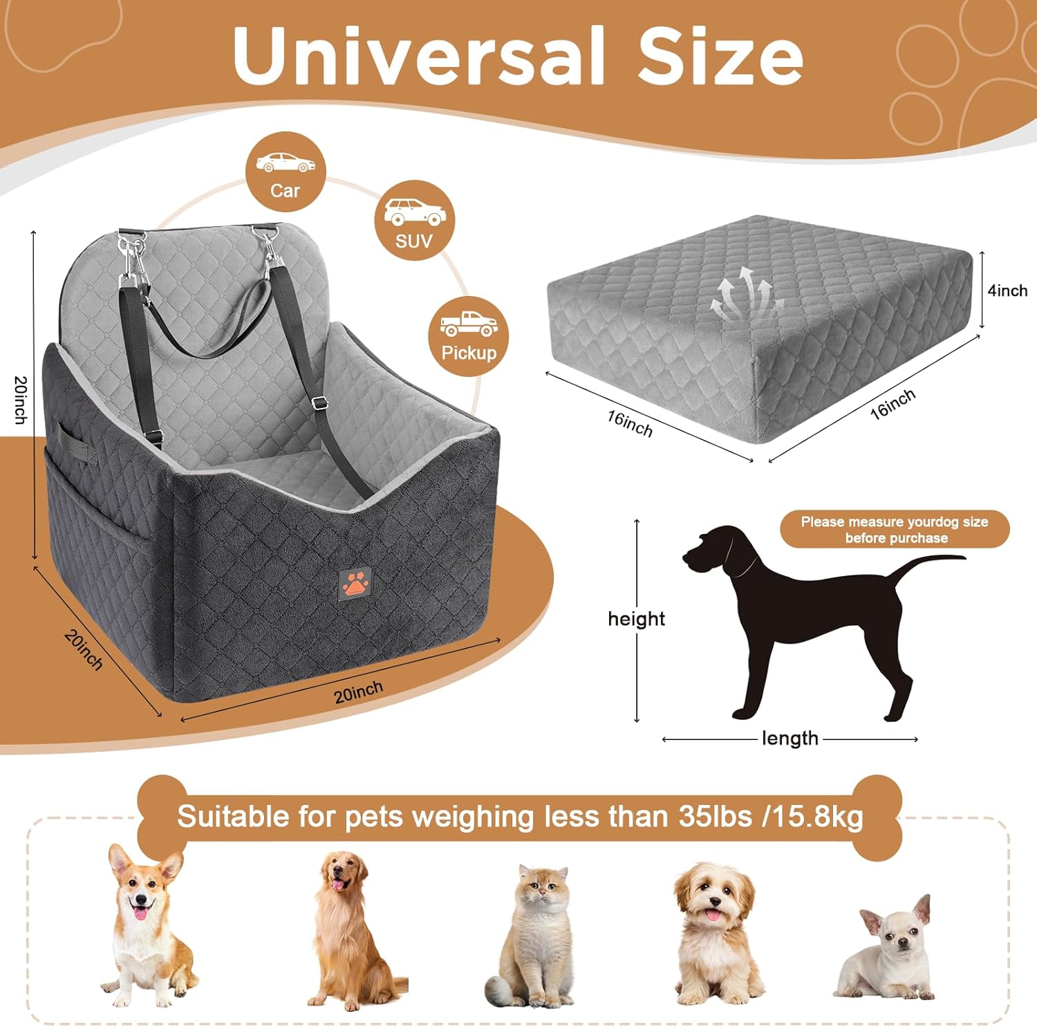 Dog Car Seats for Small/Medium Dogs, Puppy Car Seat with Side Opening, Thick Cushion, Detachable Washable Dog Carseat with Storage Pockets for Dogs Up to 35lbs (Grey)