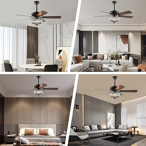 Miniatura 7 de MARTEXBUY Ventilador de techo de 52 pulgadas, ventilador de techo de cristal negro con luz, lámpara de araña de 5 cuchillas, 3 velocidades con