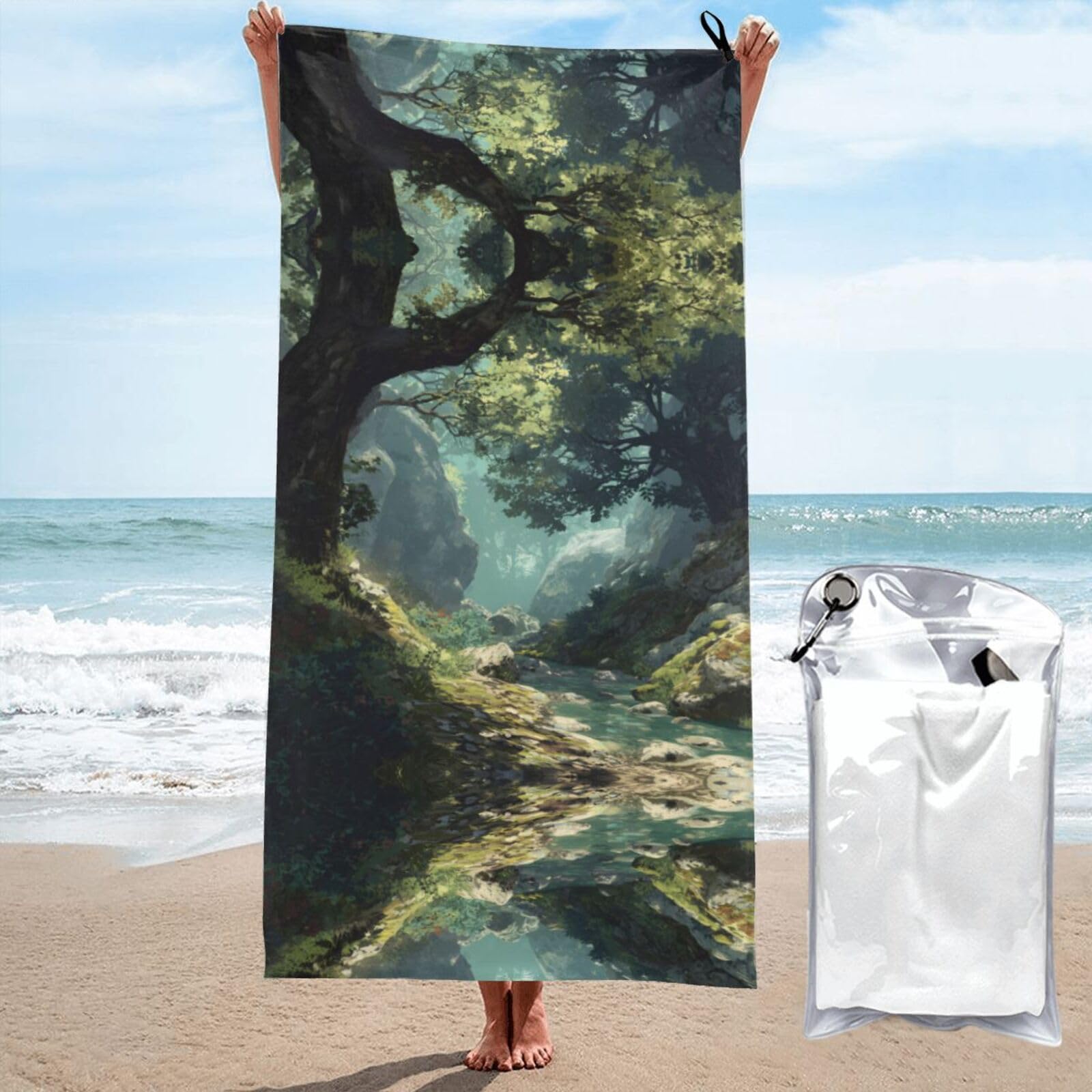 ESNAIUVCD Forest Scenery Print Beach Towel, Microfibre Sauna Towel, Quick-Drying Fitness Towel, Lightweight And Thin Portable Sauna Towel