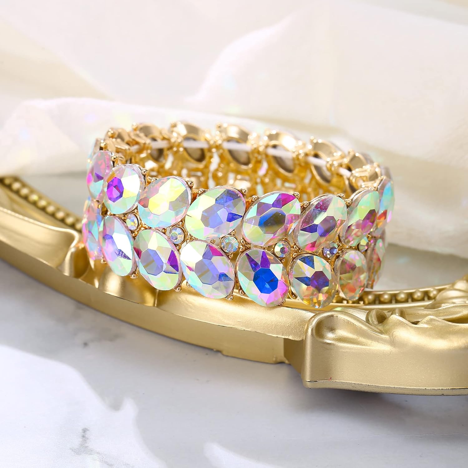 BriLove Wedding Bridal Elegant Crystal Double Row Teardrop Rhinestones Cluster Stretch Bangle Bracelet for Bride - Image 3