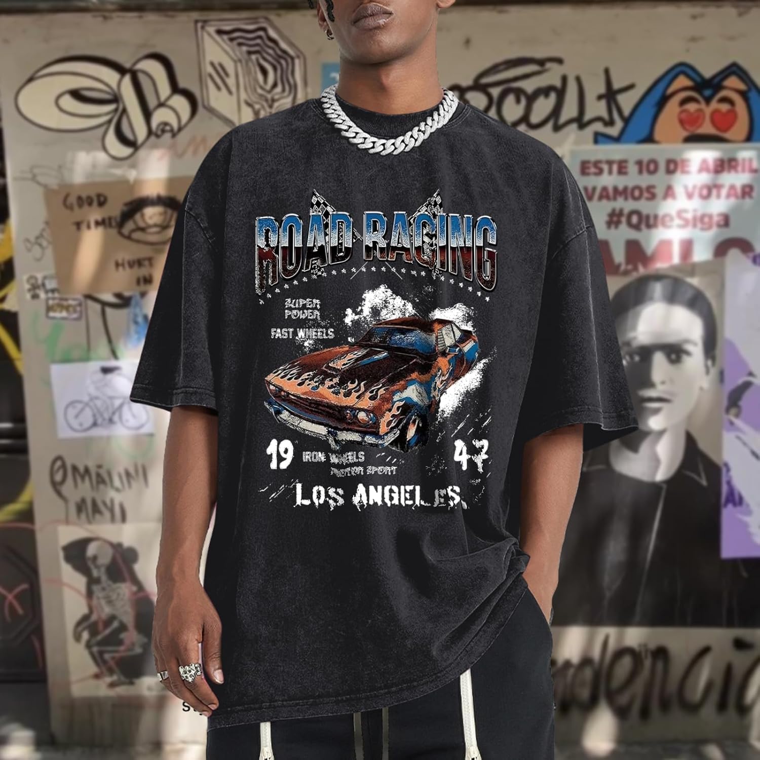 Mens Graphic T-Shirts Oversized Acid Wash Tshirt Vintage Streetwear Shirt Cool Road Racing Printed Tee Los Angeles Top - Image 2