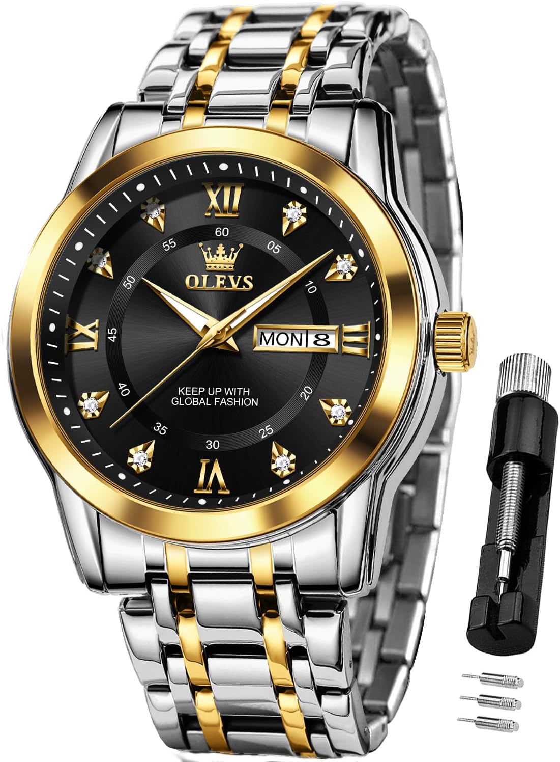 OLEVS Mens Wrist Watch Green Big Face Luxury Dress Stainless Steel Analog Quartz Waterproof Chain Watch for Men Date
