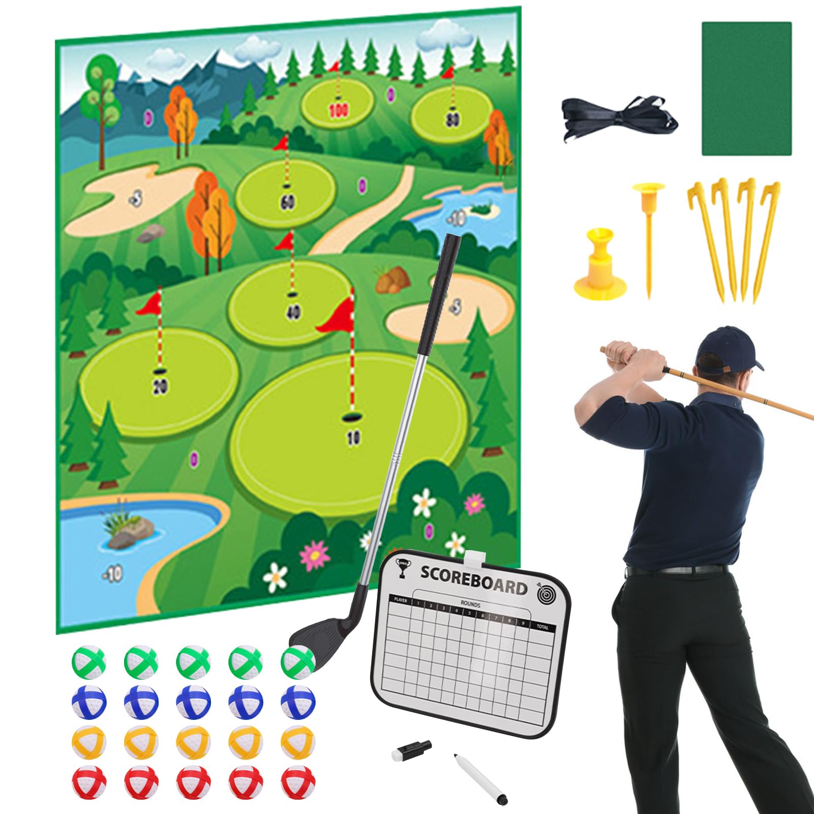 Zestaw samoprzylepnych mat golfowych z chipem - przenośna mata uderzeniowa | Dwustronny zestaw do piłek golfowych z 20 piłkami - dla rodziny, golfistów, treningu i ćwiczeń w pomieszczeniach i na