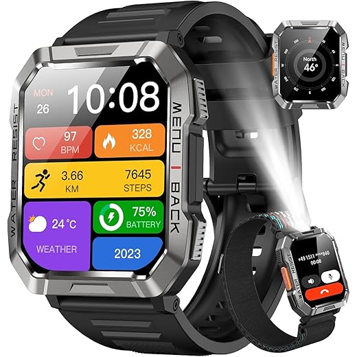 Relógio Inteligente,Smartwatch Militar,My Watch de Chamadas Bluetooth,Relógio de Fitness,Rastreador de Fitness e Rastreador de Atividades,IP68 à Prova D'água,Lanterna,Bateria de 900mAh,Preto