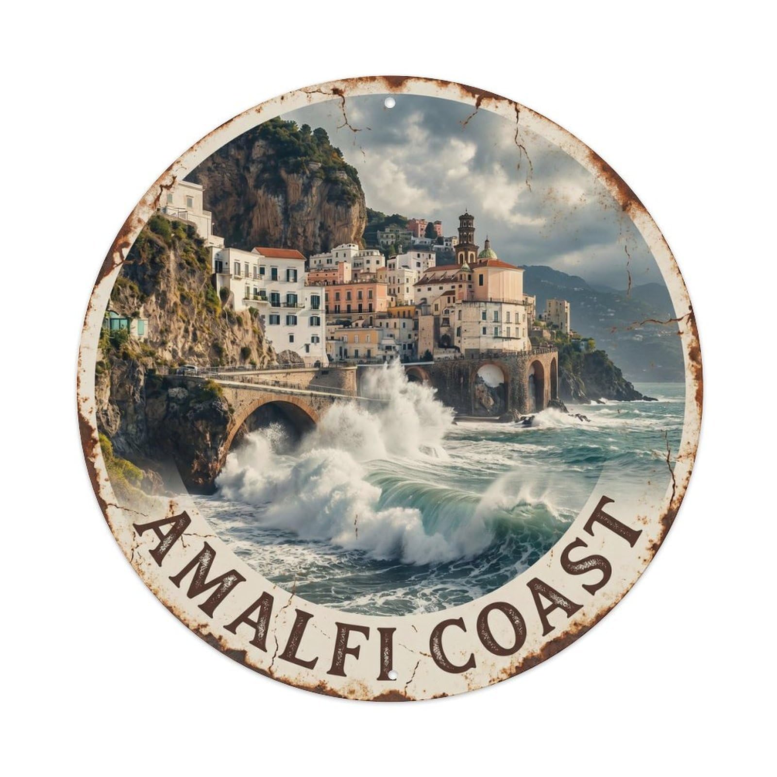Mediterranean Coast Wave Coastline Retro Travel Heritage Metal Tin Sign Plaque Wall Decor for Cafe, Man Cave, Club Bar, Office, Home Garden Round Metal Poster 8x8Inch
