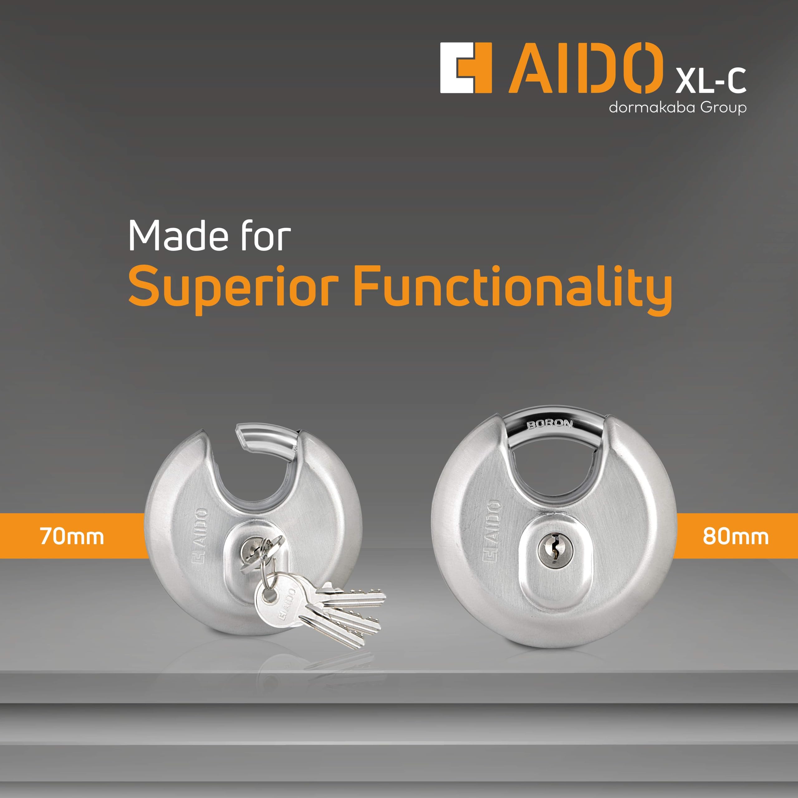 AIDO by dormakaba Group 70mm Heavy-Duty Disc Padlock | Gates, Shops, Warehouse Shutters & Outdoor | 4 Keys I Rust-Resistant | Anti-Sawing | Boron Shackle |Stainless Steel | 2 Yr Warranty — Amazon image 7