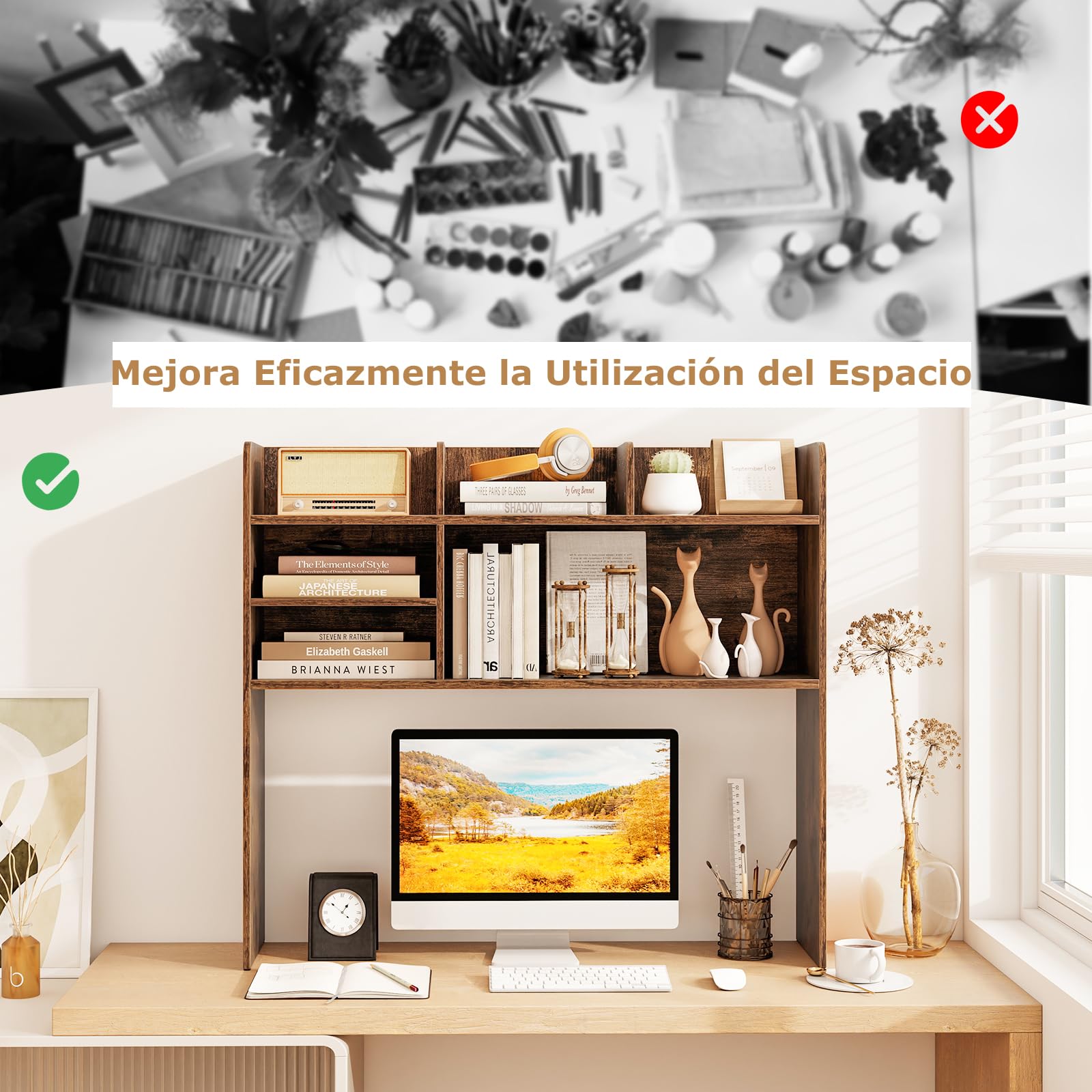 GIANTEX Estantería de Escritorio con 6 Estantes Abiertos, Mueble Organizador sobre Mesa con Kit Antivuelco, 94 x 24 x 85 cm, Estante Ajustable, para Plantas, Libros, Comésticos (Marrón)