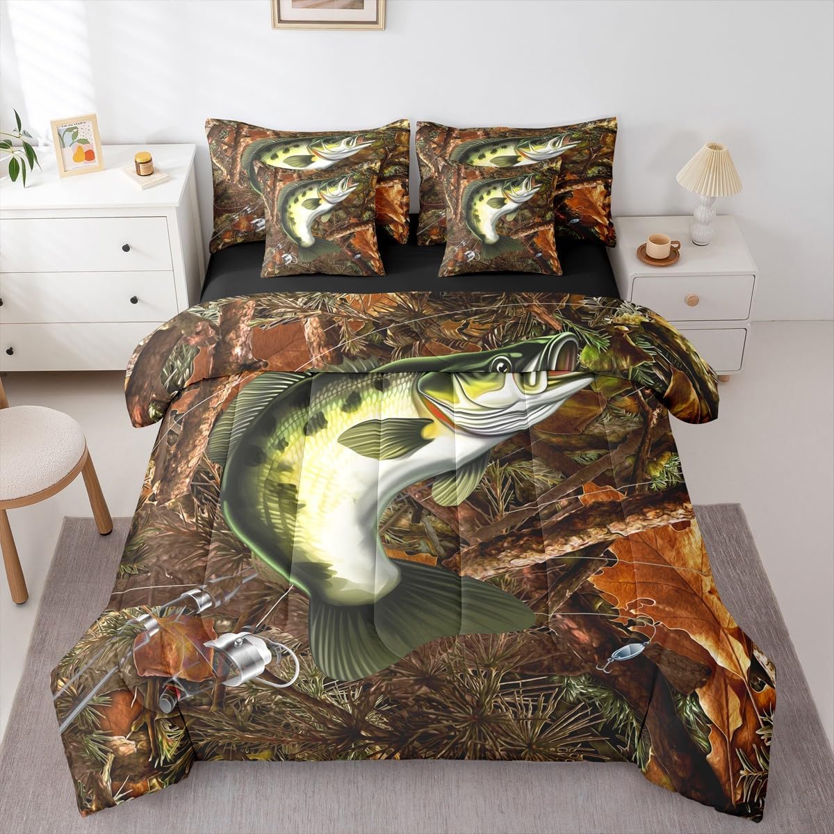 Erosebridal Bass Fish Hunting Bed in a Bag Full Pike Fish Fishing Rod 7 Piece Comforter Set for Men Women Fisherman Fishing Lover,Retro Wooden Branches Flat Fitted Sheet Rustic Farmhouse Bedding Set