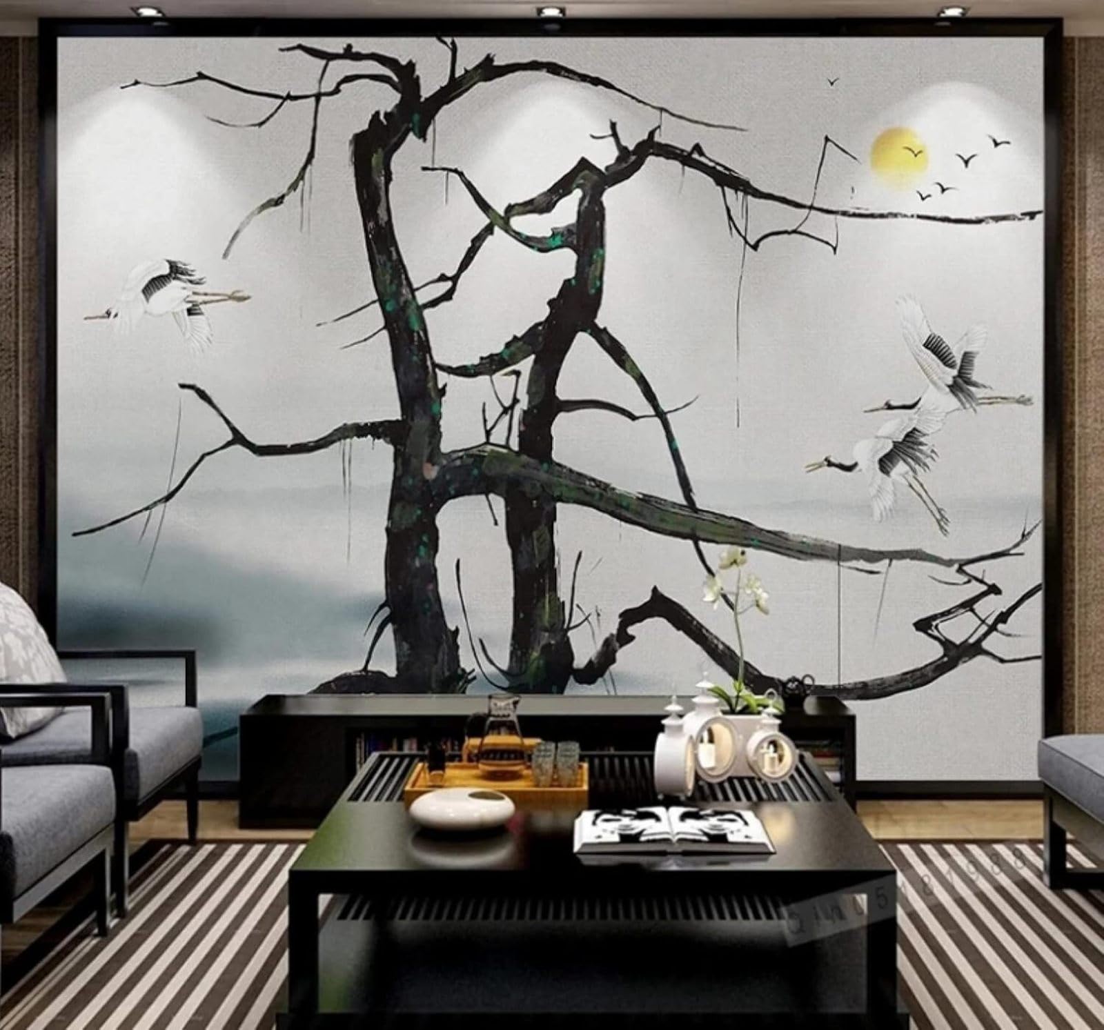 Hand Drawn Ink Wash Trees Birds Landscape 3D Wallpaper Easy Install Feature Office Living Room Sofa Bedroom TV Background Wall Decoration-250cm×170cm