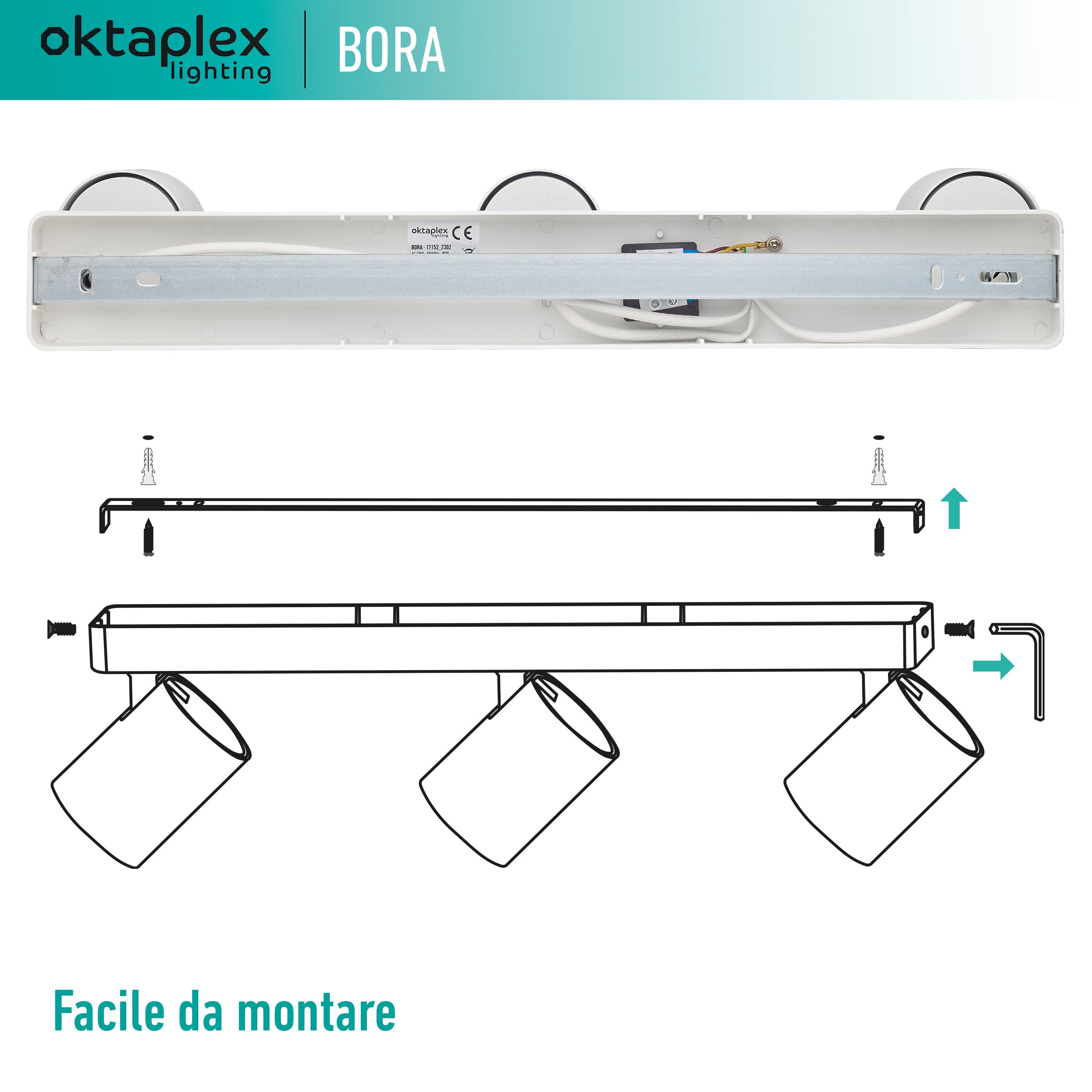 Oktaplex Bora faretto da soffitto 3 fiamme GU10 LED barra spot 45 cm 230 V luce spot orientabile Faretti da Parete bianco