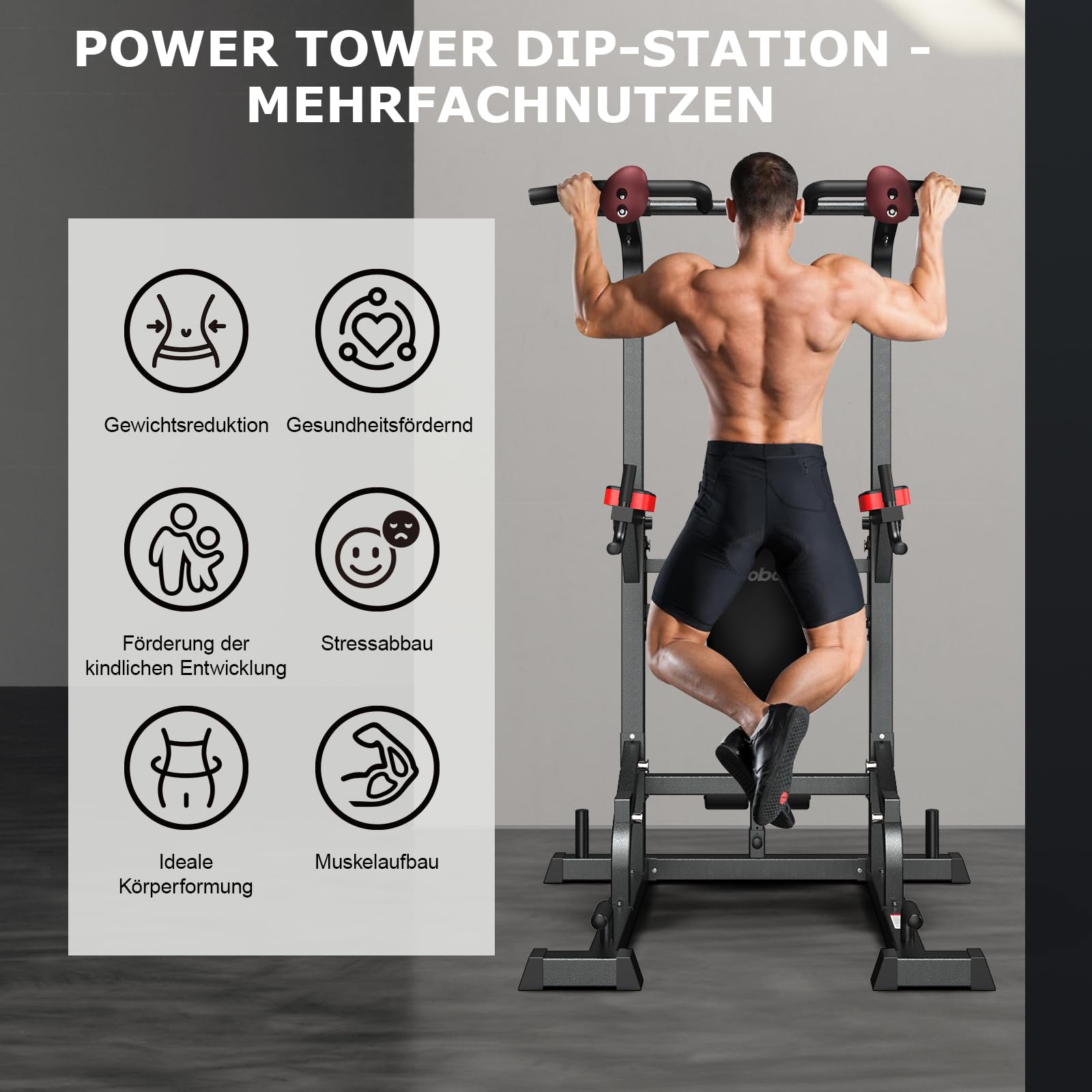 Pooboo Power Tower Dip Station Klimmzugstange für Fitness-Heimtraining, multifunktionales, höhenverstellbares Krafttrainingsgerät mit elastischen Seilen