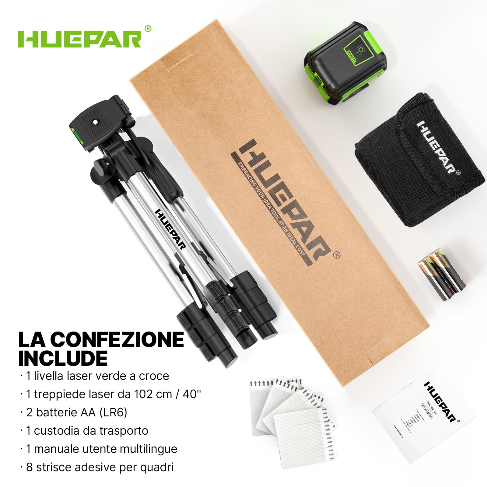 Huepar GK011DG Livella Laser Autolivellante con Treppiede 1,02 m, Laser Verde a Croce Orizzontale 110° e Verticale 110°, IP54, Borsa, Occhiali e 2 Pile AA, 30m Livella Laser per Casa, Appendere Quadri
