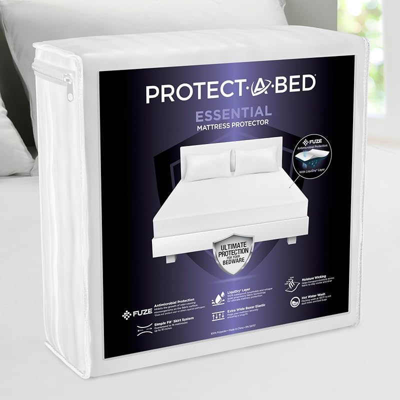 Essential Waterproof Mattress Protector, Queen | Waterproof mattress protector with breathable quiet fabric protects against spills and dust mites for 11-18 inch mattresses