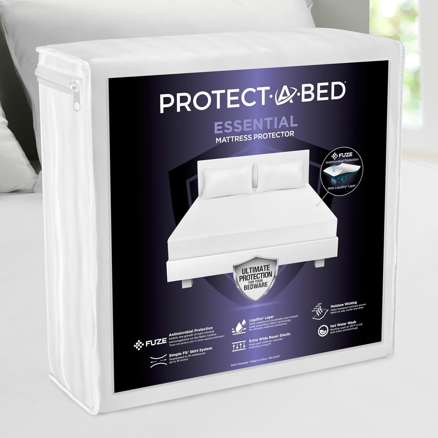 Protect-A-Bed Essential – Protector de colchón tamaño matrimonial, resistente al polvo, a los ácaros, sin ruido y a los olores, parte superior 100%