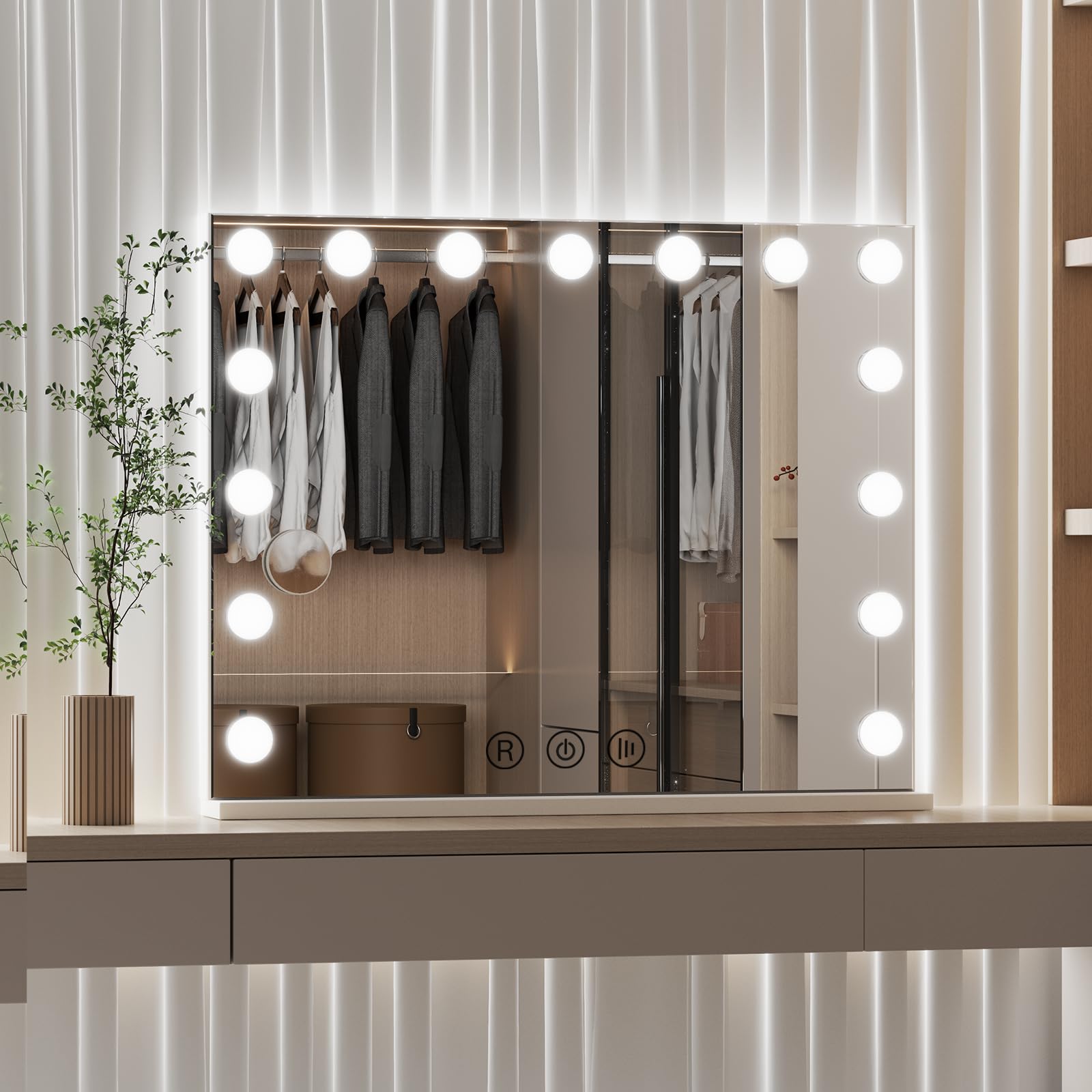 Lustro do makijażu 80x60 cm z 18 LED, możliwość ściemniania, 3 temperaturami barwowymi, z powiększeniem 10x, port wyjściowy USB, Sterowanie Dotykowe (Białe)