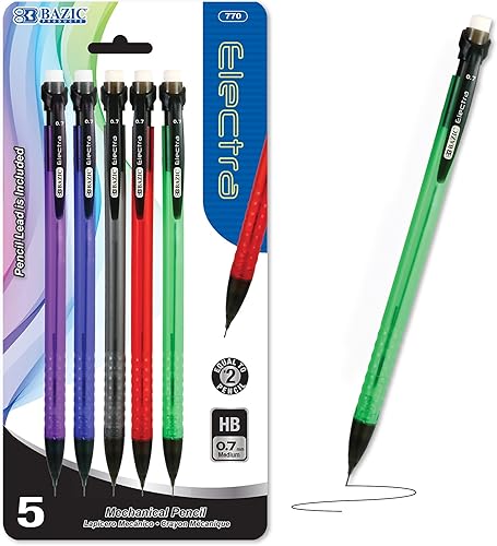 BAZIC - Lápiz mecánico Electra de 0.028in, lápiz de escritura suave, borrador sin látex, para dibujar bocetos (5 por paquete), 144 paquetes