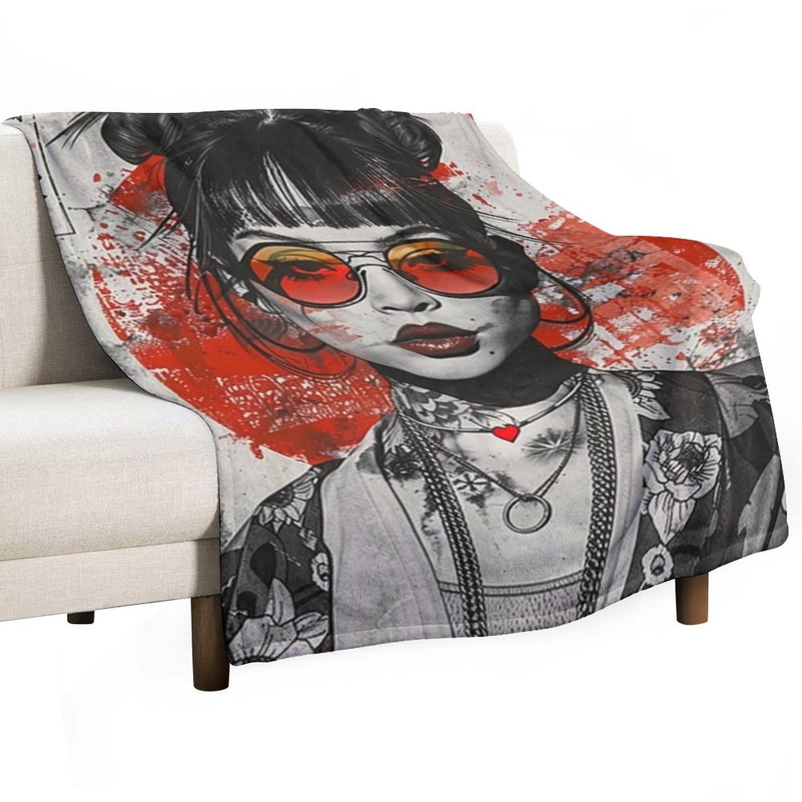 YHGSREUOH Ukiyo E Fusion Tattooed Asian Double Bun Girl 02 Flannel Blankets Fleece Soft Throw Lightweight Plush Gifts for Couch, Bed, Cozy Sofa Plush, Chair, Lovers 138x175cm(55x70in)