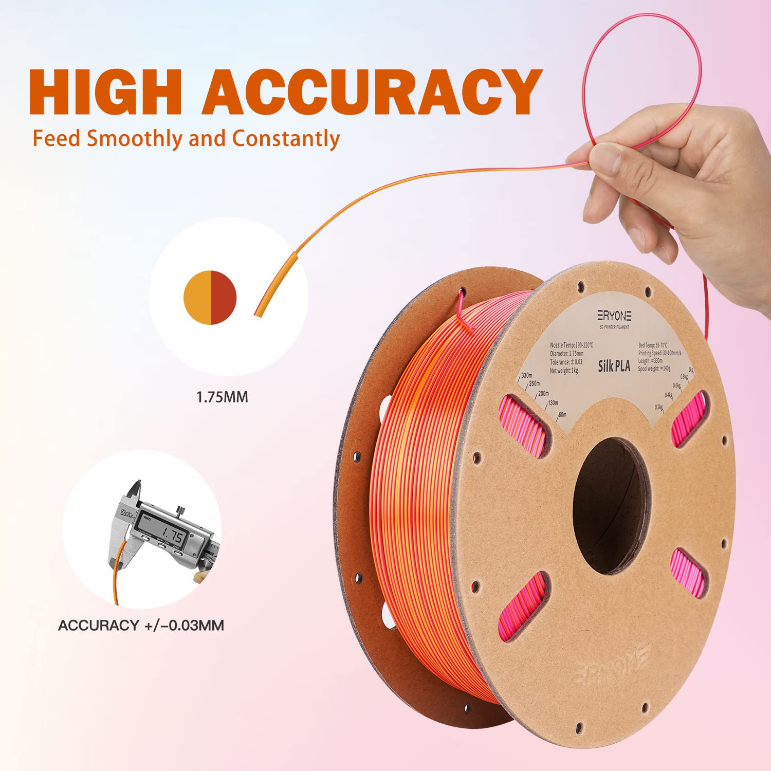 ERYONE Filamento PLA bicolore doppio 1,75 mm, filamento stampante 3D bobina da 1 kg +/- 0,02 mm, rosso seta e oro