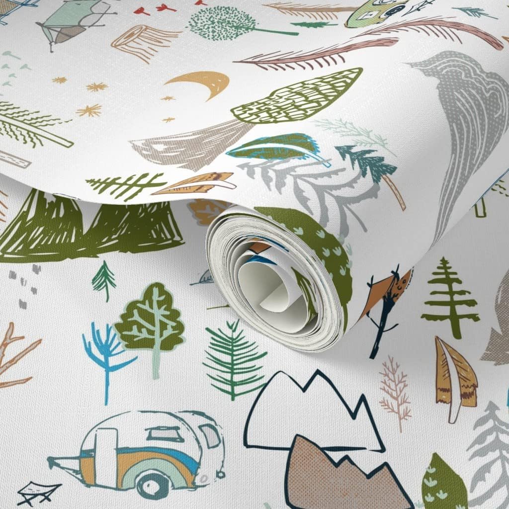 Peel & Stick Wallpaper 3ft x 2ft - Camper White Caravan Tent Mountain Forest Mushroom Summer Vacation Boy Bear Custom Removable Wallpaper by Spoonflower