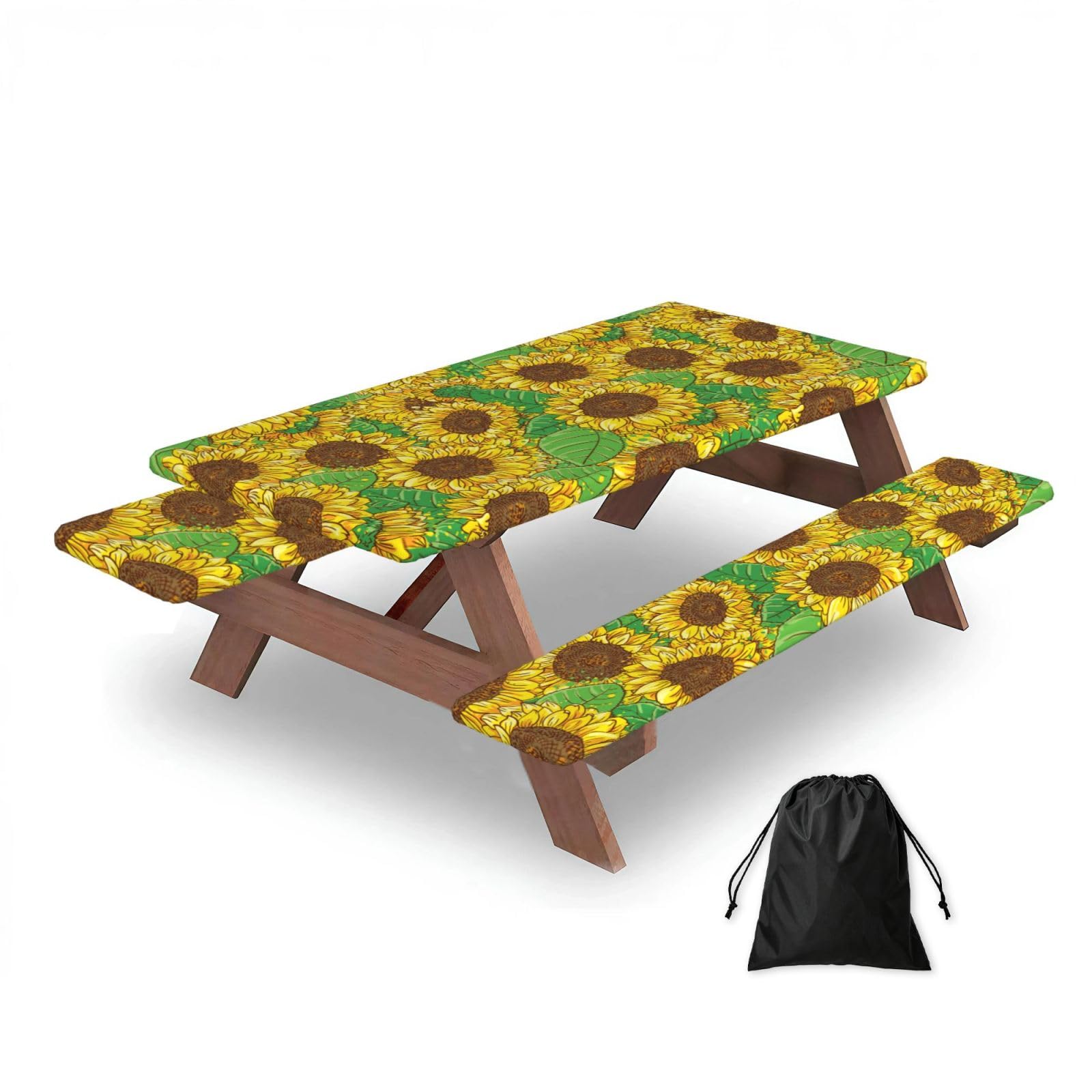 Dopklna As Picture Sunflower, Picnic Table Cover With Bench Covers -Waterproof Elastic Fitted Tablecloth For Garden Camping Patio 76X152cm