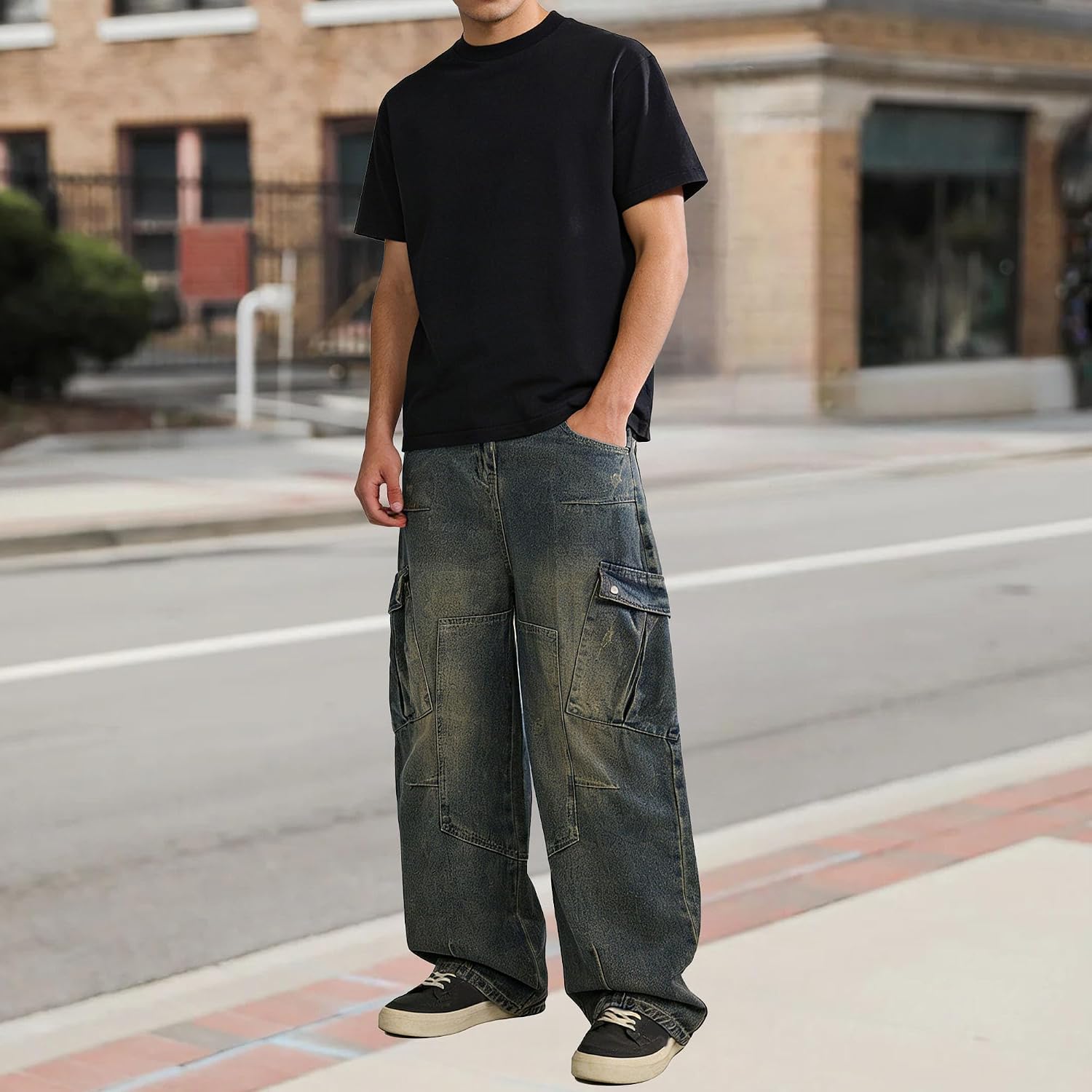 Men Retro Commute Barreled Denim Pants Casual Loose Distressed Street Work Jeans Fashion Wide Leg Cargo Denim Trousers