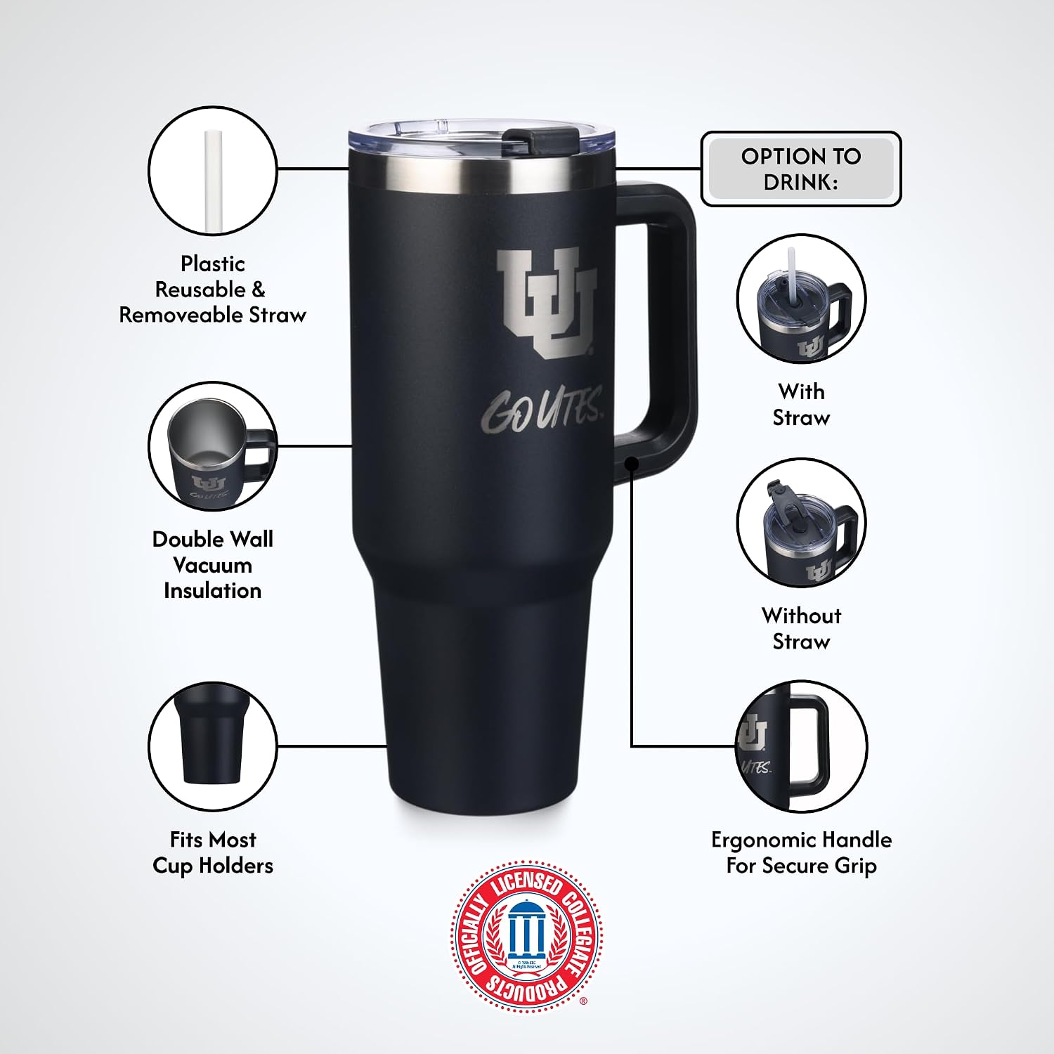 The Memory Company Officially Licensed NCAA 40oz Game Day Tumbler – Stainless Steel, Double-Wall Insulated Travel Mug with Handle, Straw & Laser-Engraved Team Logo