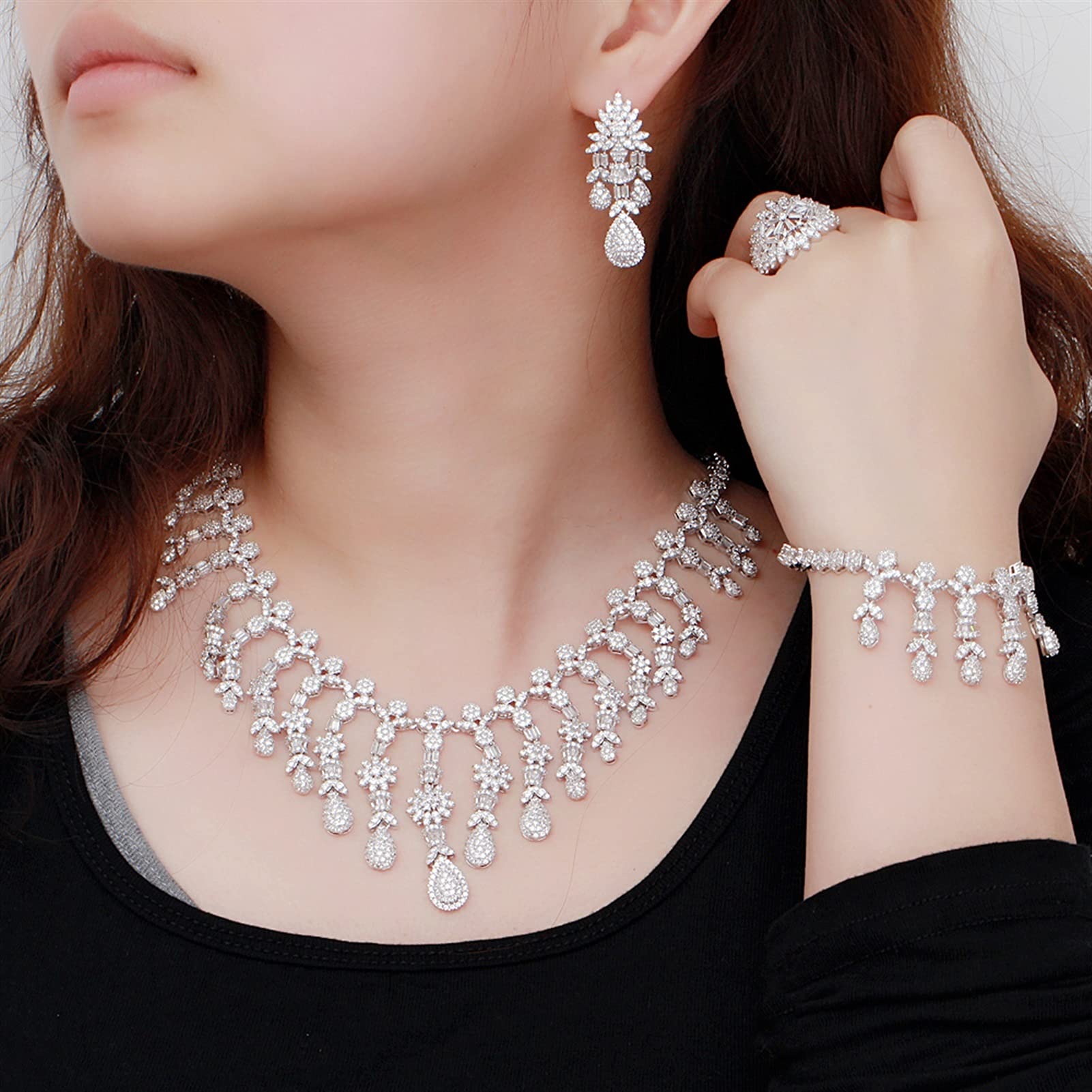 Joyería 4 Uds. Conjunto de joyería Grande de Boda para Mujer de Color Oro Blanco para Novias Ropa de Fiesta