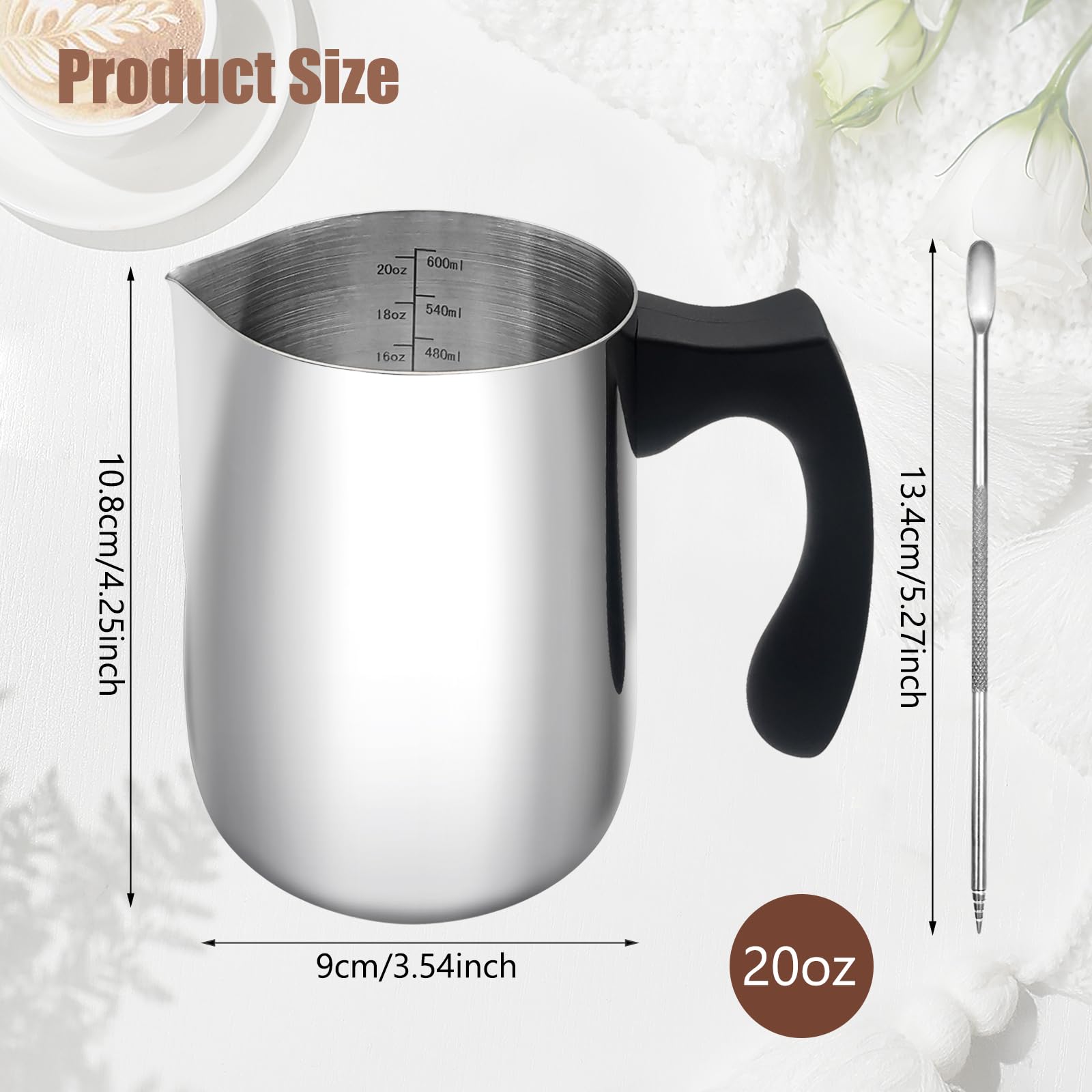 Milchaufschäumkrug, 600ml, Milchaufschäumer, 304 Edelstahl, Dampfkrug mit Kunststift, Milchkaffeekännchen mit hitzebeständigem Griff und Skala