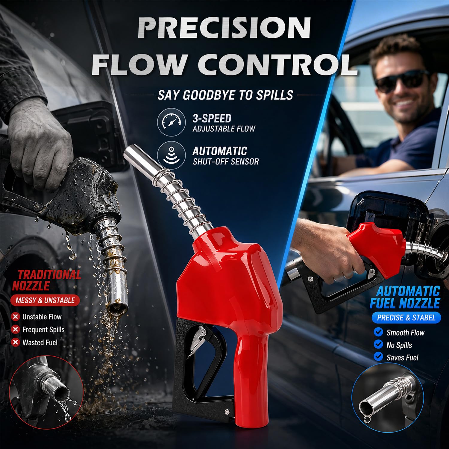 Automatische Zapfpistole Diesel 3/4", Selbstansaugende Tankpistole mit 3-stufig einstellbare Durchflussrate und Ergonomischer Griff für LKW, Traktoren & Baumaschinen