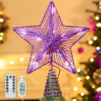 Lewondr Lighted Christmas Star Tree Topper with Remote & Timer, Purple