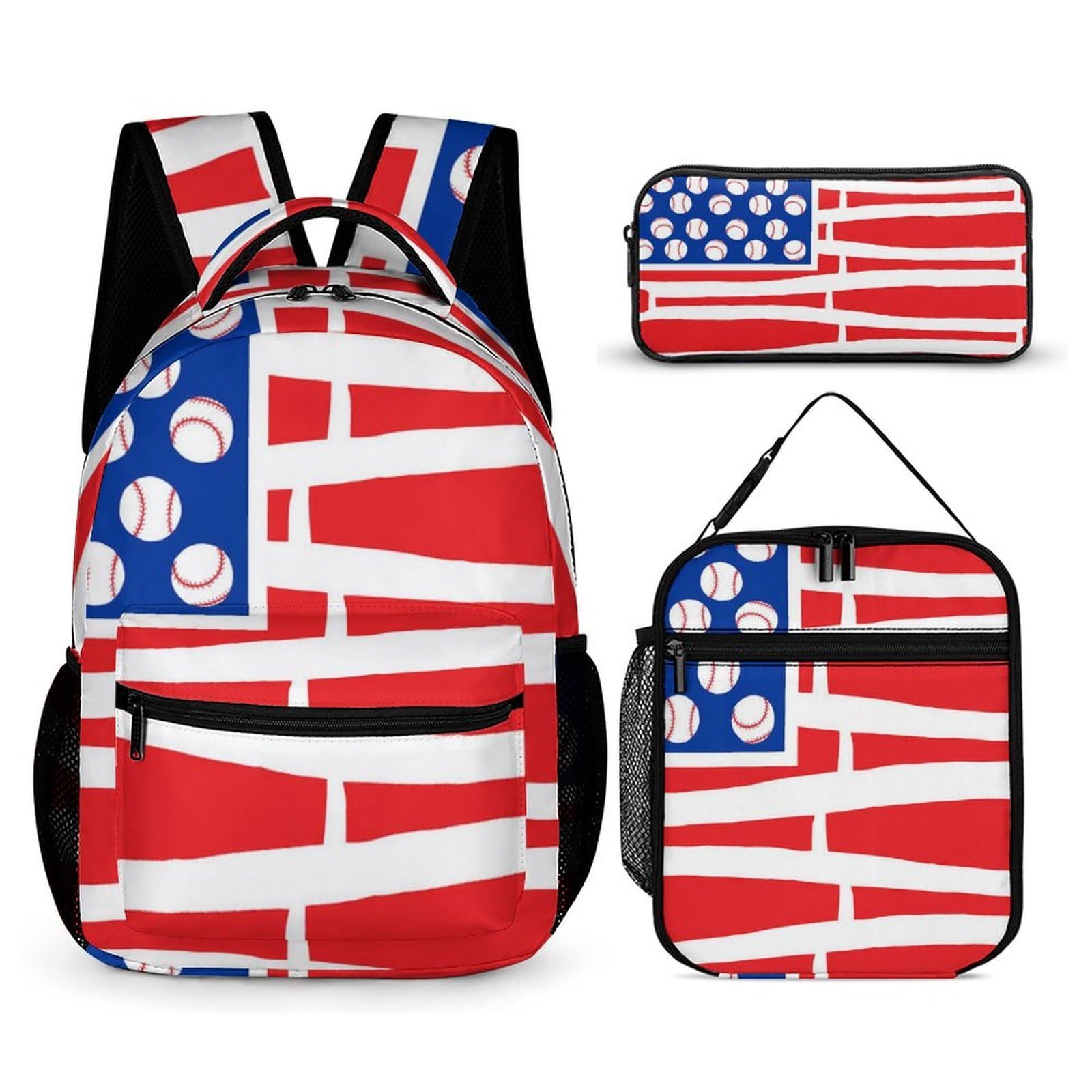 Conjunto de mochila para libros, mochila de día, bandera estadounidense, bates y pelotas de béisbol, mochila para computadora portátil con bolsa para almuerzo y almacenamiento de viaje D