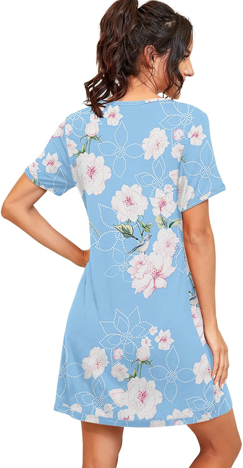 PrinStory Womens Sleepwear Short Sleeve Nightgown Soft Sleepshirt Pleated Nightshirt Scoopneck Casual Loungewear Medium A03 Fp-light Blue image 5 of 5 B08T62664D