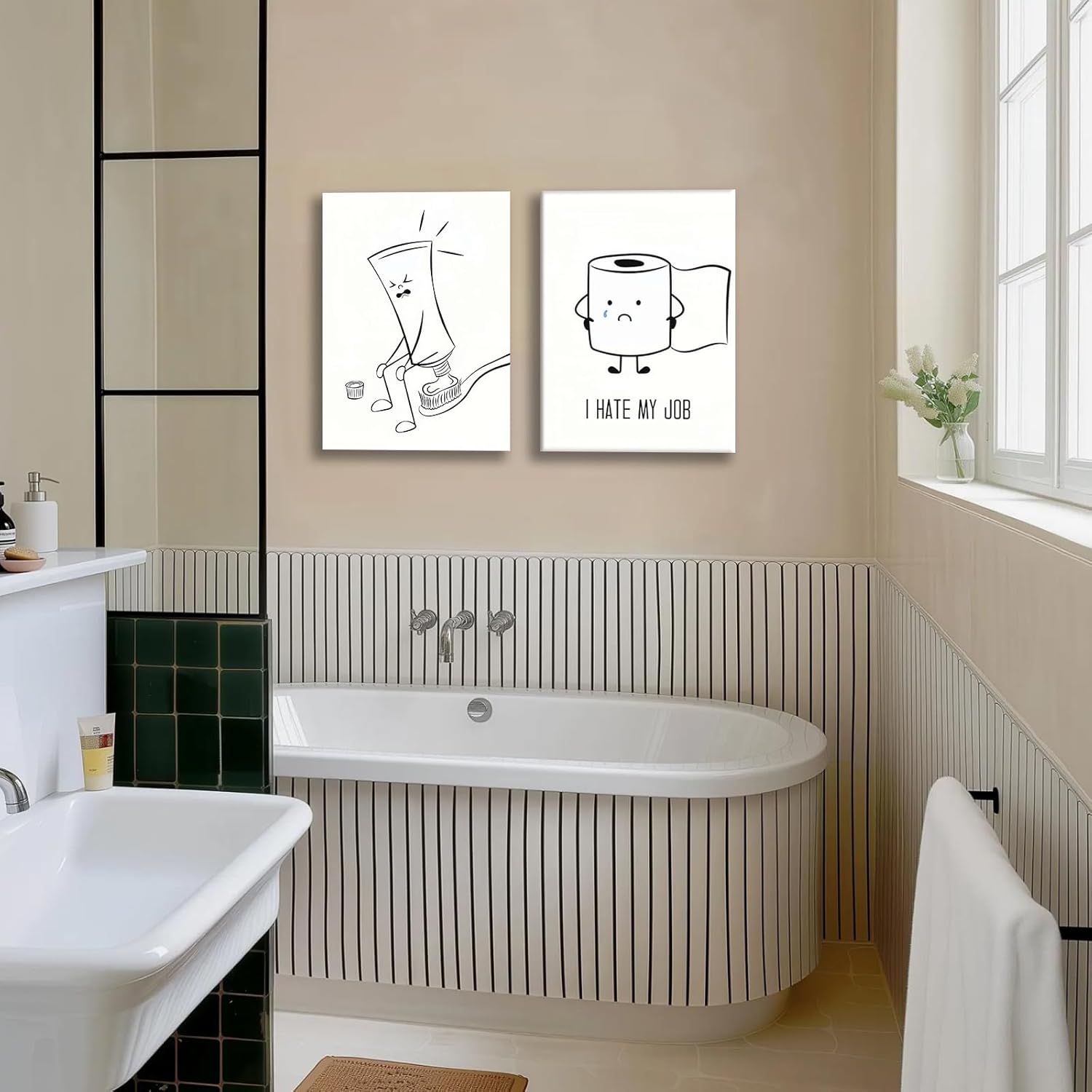 Framed Funny Bathroom Wall Art Set of 2,Black and White Cartoon Toilet Humor Canvas Prints,Cute Toothpaste and Toilet Paper Painting Pictures,Modern Minimalist Bathroom Decor for Home Restroom 16x24IN