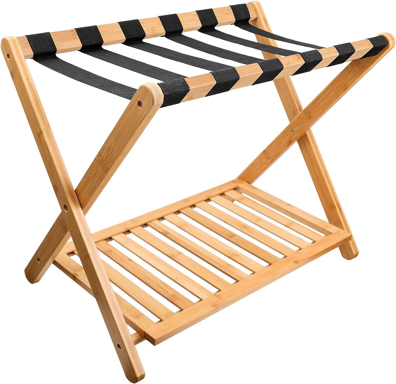 Bamboo Luggage Rack for Guest Room, Heavy Duty Folding Suitcase Stand with Storage Shelf for Home Bedroom Hotel