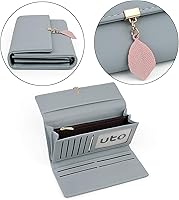 Vista 104 de UTO - Cartera pequeña RFID de piel sintética con dije de hoja, cierre de cremallera y tarjetero.