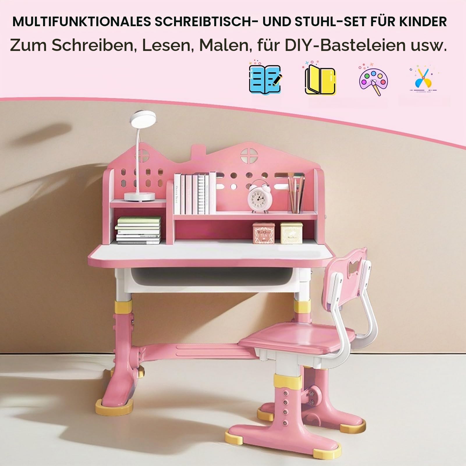 Kinder Schreibtisch und Stuhl Set, höhenverstellbar Kinder Studie Tisch Stuhl Set mit Astronaut Muster, Ergonomische Schreibtischstuhl mit großen Schreibtafel, Bücherregal und Schublade (Rosa B)