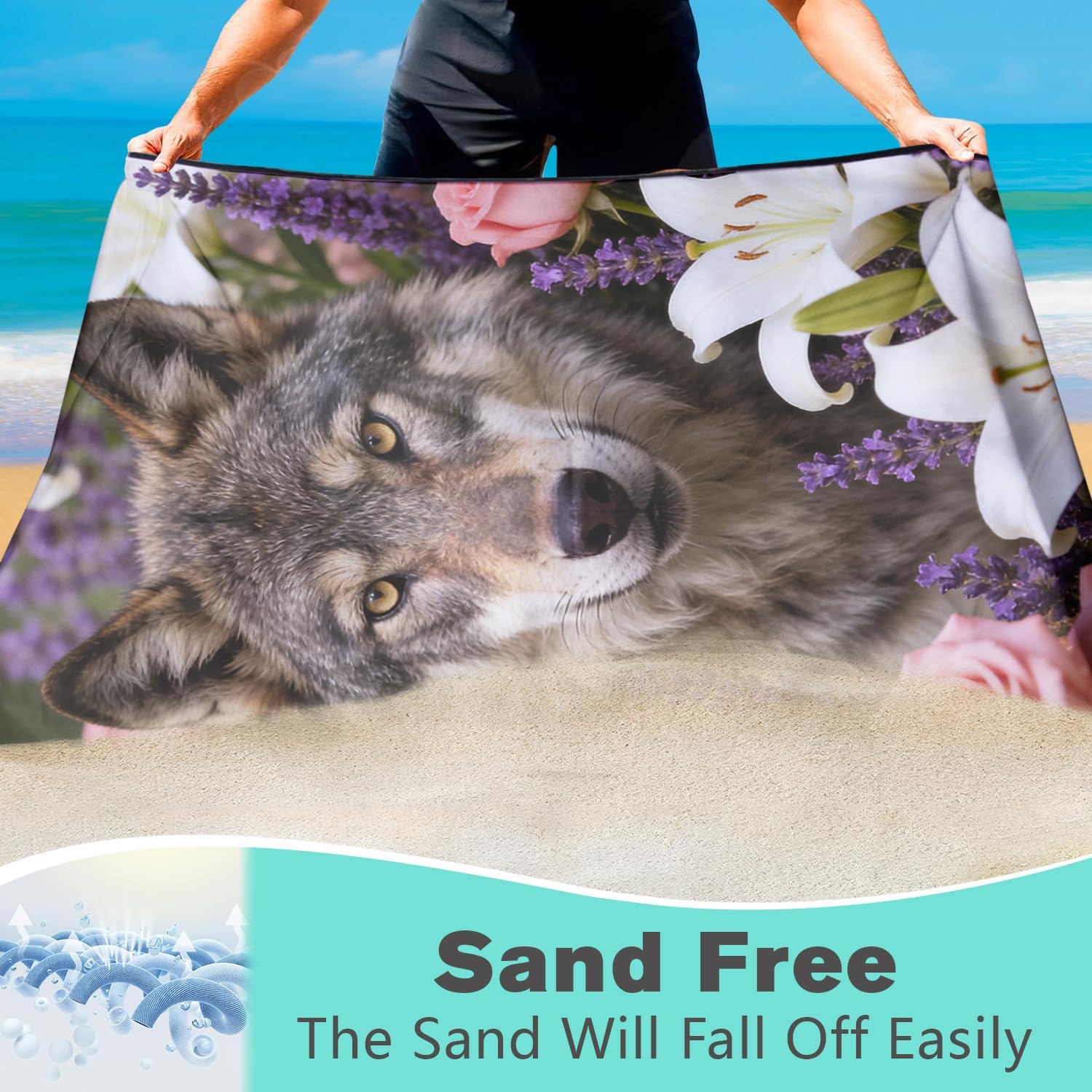 Wolf Beach Towel for Women Girls, Flower & Animal Print, Sand Free Quick Dry Towels for Swimming Camping Sports Travel, Thin Lightweight and Compact, 36" x 72" image 3