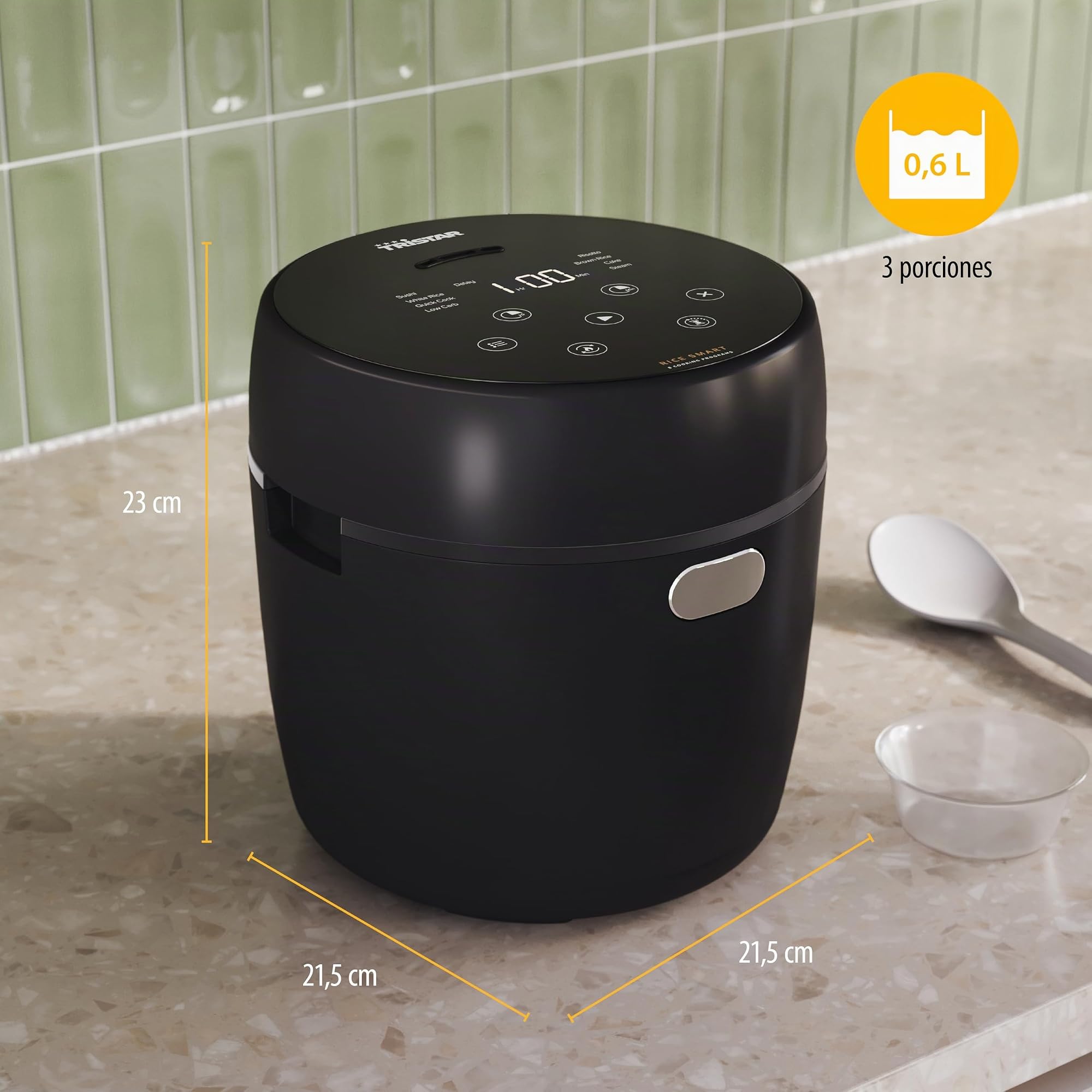 Tristar Arrocera Digital con Función Low Carb, 8 Programas Automáticos, Capacidad de 0,6 L de Arroz, Panel Digital, Fácil de Limpiar, RK-6238