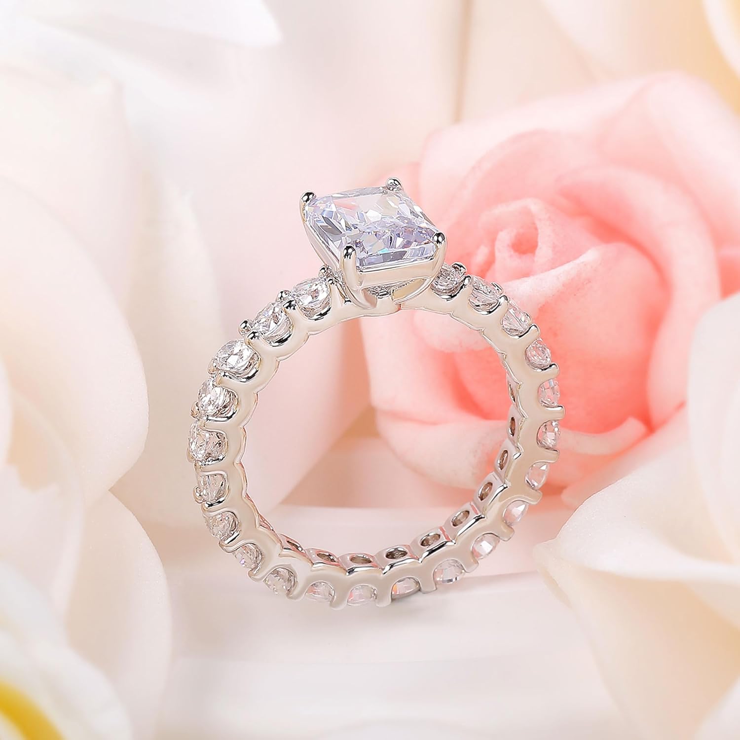 MDFUN 18K White Gold Engagement Ring for Women Radiant Cut Cubic Zirconia Wedding Promise Rings for Her - Image 6