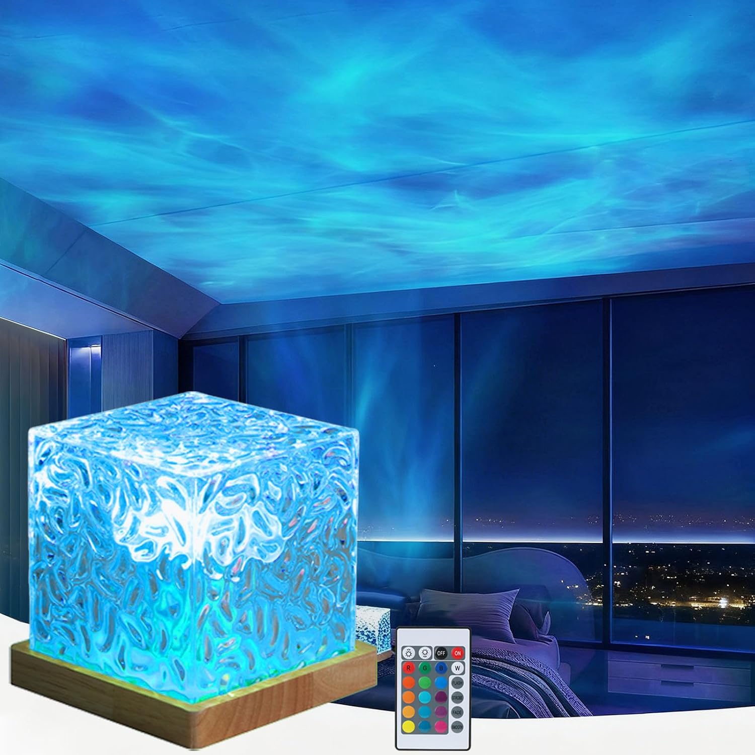 Aurora Ocean Wave Lights Projector No Wiring, Touch Cube Color Changing Light with 16 Colors 4 Modes Dimmable Cordless Mood Lamp for Shower, Northern Light for Bedroom Bathroom, with Remote (Large)