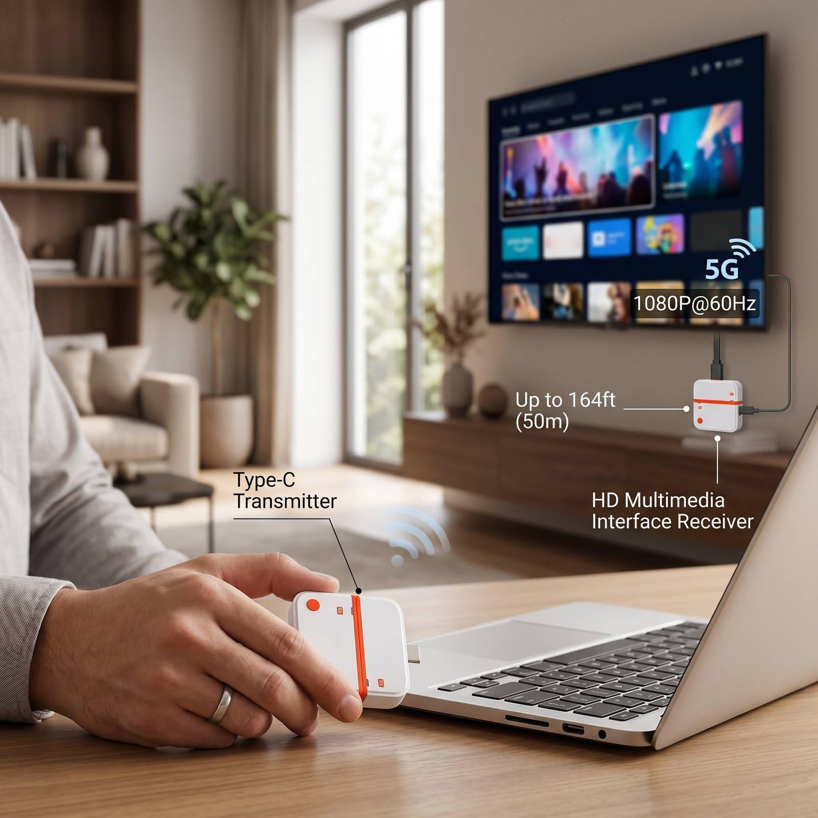 Bezprzewodowy Adapter Wyświetlacza – Złącze USB-C, Plug & Play, rozdzielczość 1080P, Przenośny Nadajnik i Odbiornik, Zasięg Transmisji do 50 M (telefon, PC, TV), Obsługa Podczas