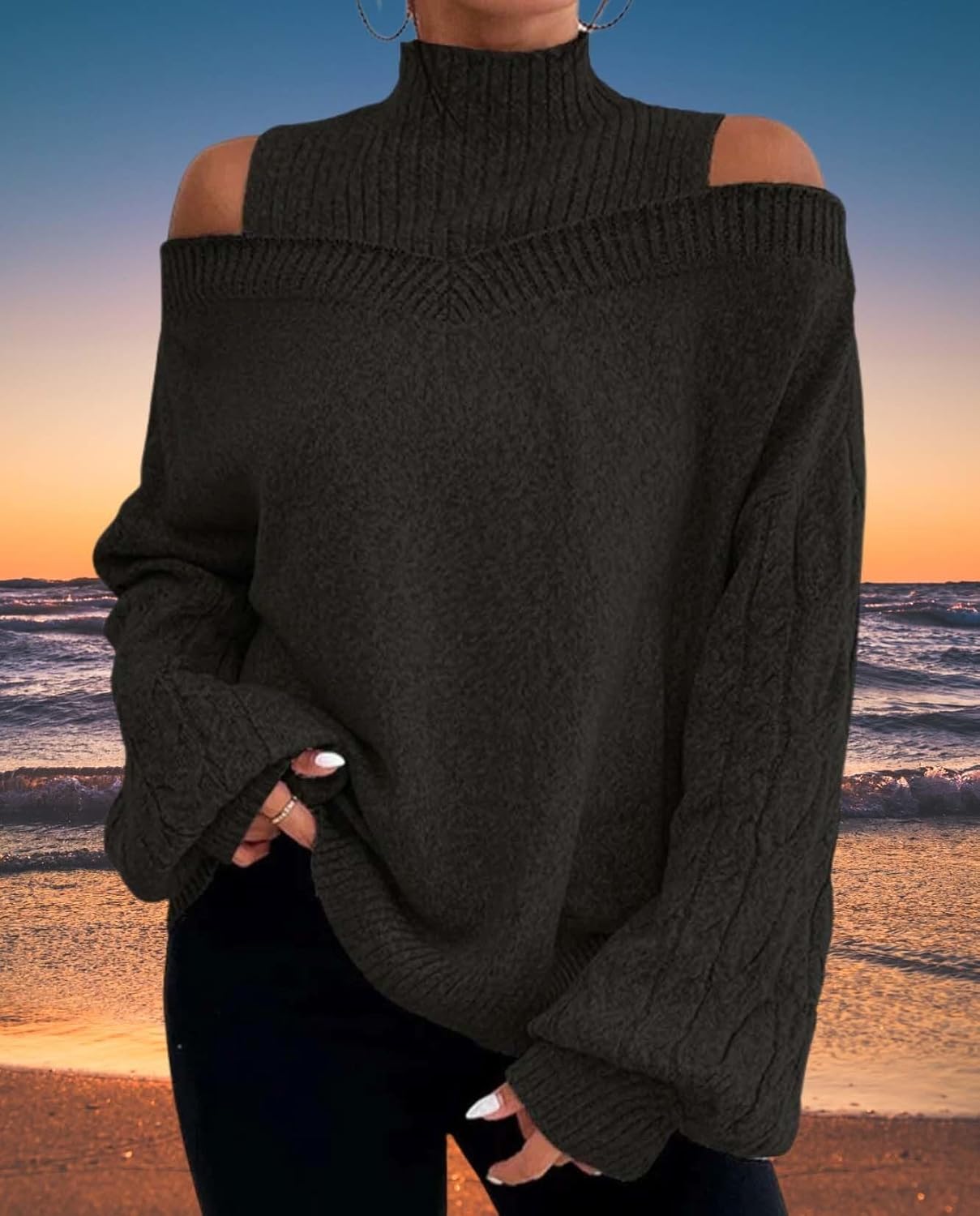 Turtleneck Sweaters for Womens Fall Fashion Casual Off The Shoulder Long Sleeve Solid Knit Pullover Sweater Top - Image 5