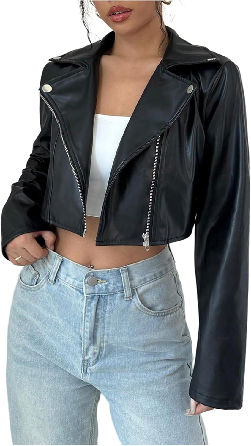 Floerns Women's Y2k PU Leather Jacket Motorcycle Long Sleeve Rave Cropped Outerwear Coat