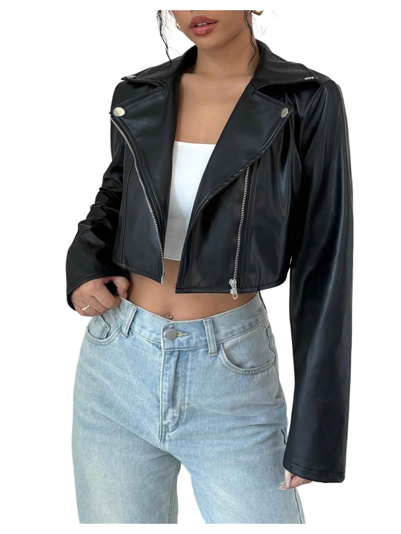 Floerns Women's Y2k PU Leather Jacket Motorcycle Long Sleeve Rave Cropped Outerwear Coat Long Sleeve