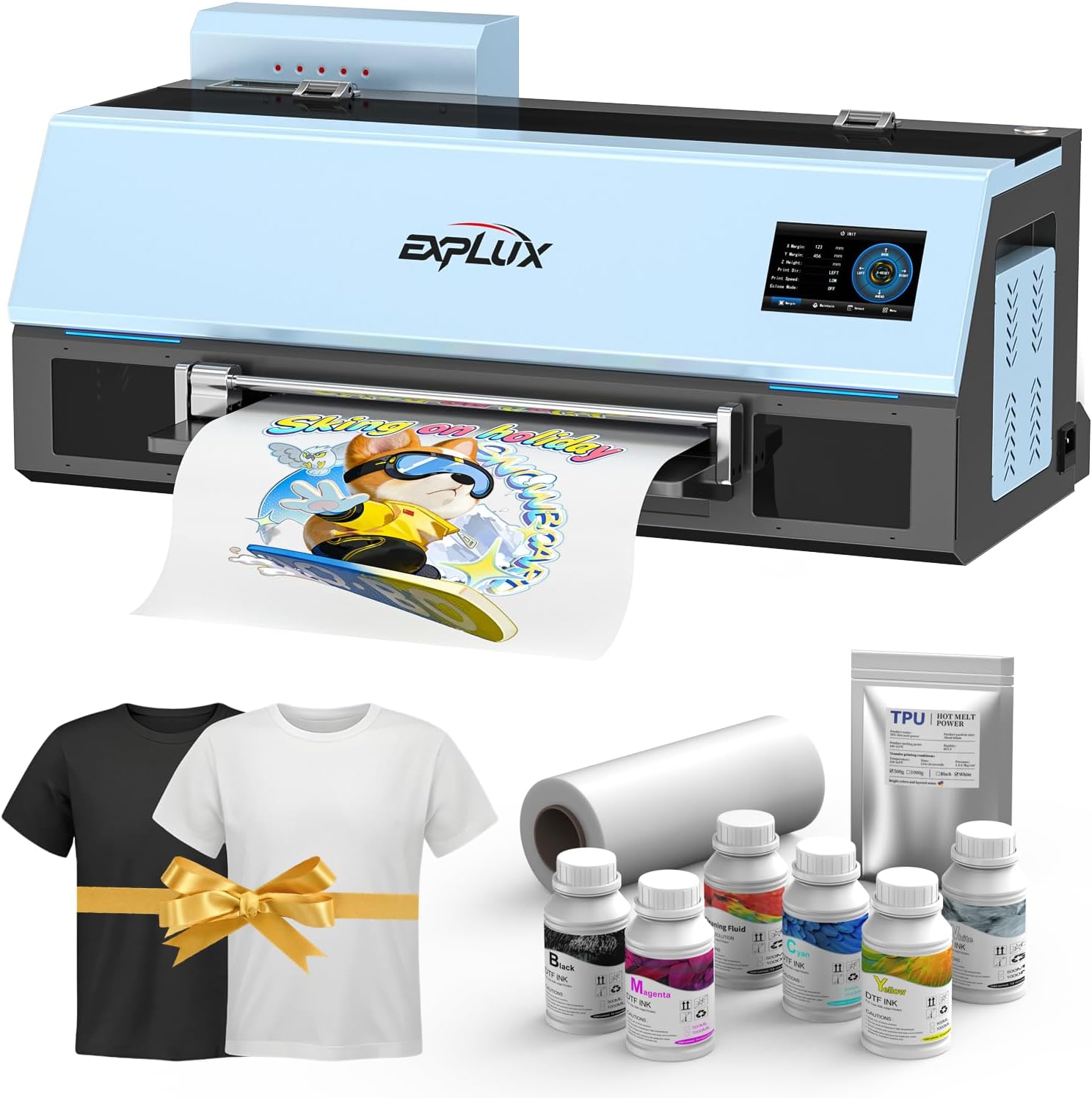 EXPLUX A3 DTF Printer C13 with XP600 Printhead, Auto-Clean & White Ink Circulation, Low-Ink Alert, 2-Year Free Ink, 2X Speed Printing for DIY T-Shirts, Hats, Bags (A3, Printer)