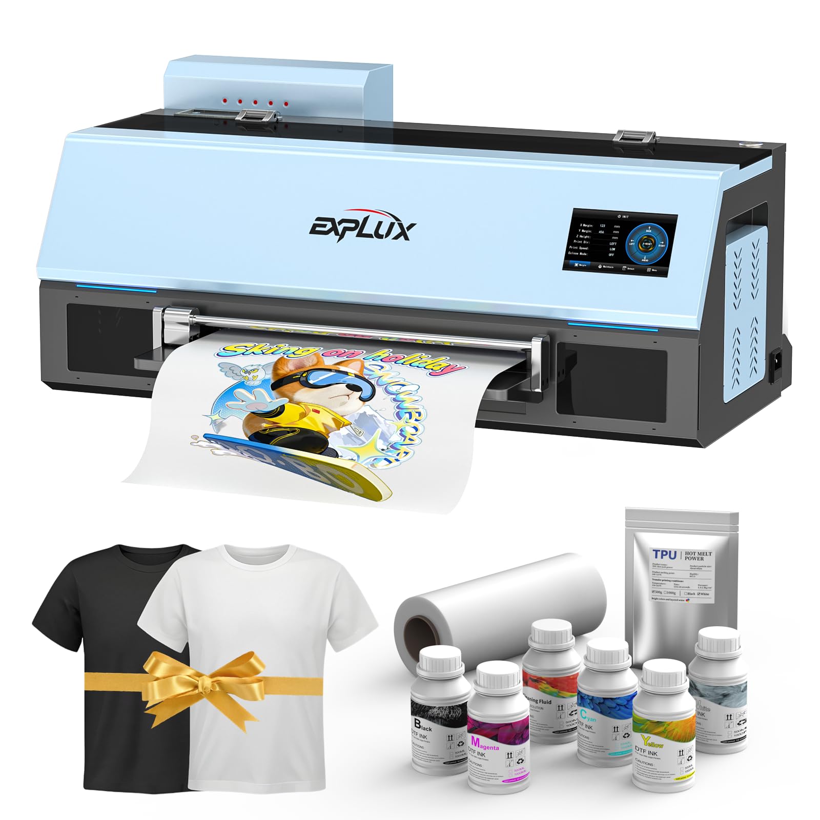 EXPLUX A3 XP600 DTF Printer, 13" DTF Transfer Printer for T-Shirts, with White Ink Circulation &amp; Mixing, Auto-Cleaning, Suction Platform, Hoson Board, RINN RIP, Complete Kit