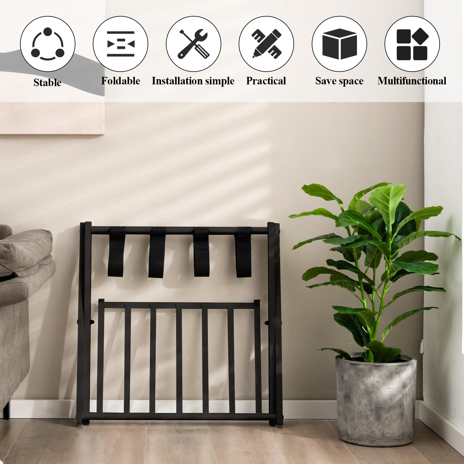 HOMASIS klappbar Kofferständer Kofferablage, 2 Ebenen Kofferhocker, Kofferbock aus Metall, Gepäckablage für Koffer & Schuhe, Kofferhalter für Hotelzimmer Flur & Wohnzimmer, 68x43x56cm (1, Schwarz)