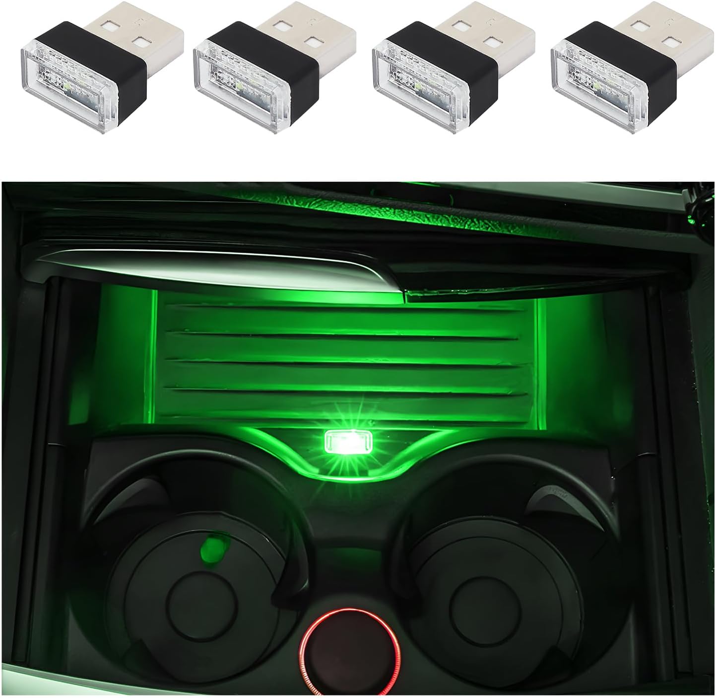 Dickno 4 PCS USB LED Car Interior Atmosphere Lamp, Portable Mini LED Night Light, Plug-in USB Interface Trunk Ambient Lighting Kit, Universal Vehicle Interior Accessories (Green)